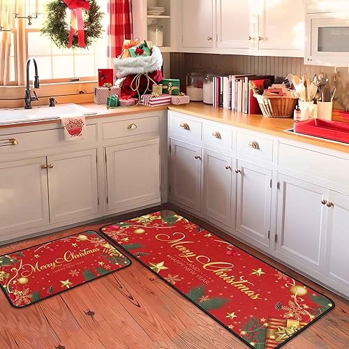 Miniatura 3 de Juego de 2 alfombras y tapetes de cocina de Navidad, decoraciones de Navidad para el hogar, con parte trasera antideslizante, tapete de cocina de