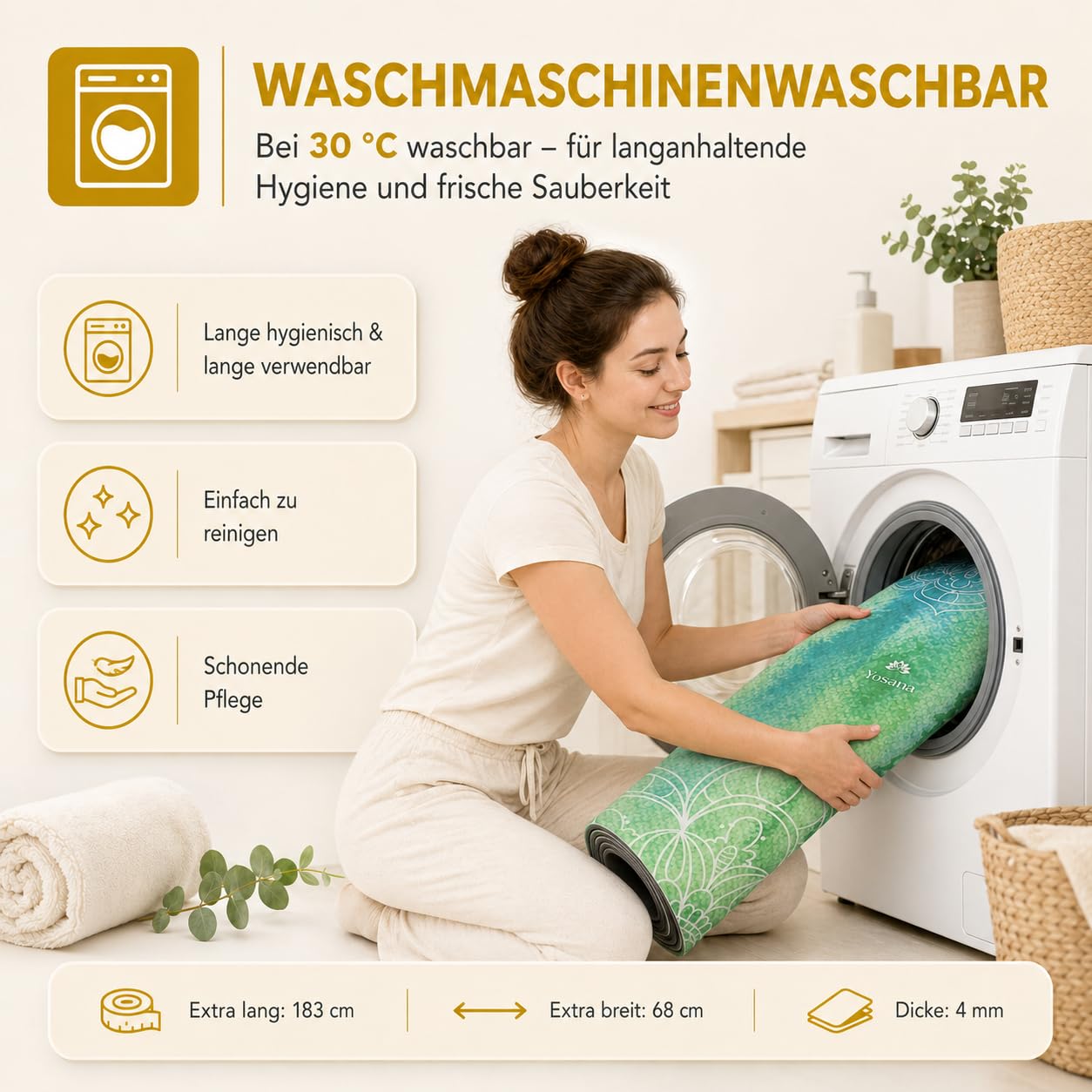 Yogamatte aus Naturkautschuk I Hot Yoga Mikrofaser Matte I Bikram Yogamatte Maschinenwaschbar I Ying Yoga Matte I Yogatuch und Matte in einem I feucht besonders rutschfest I 183 x 68 cm I 4mm