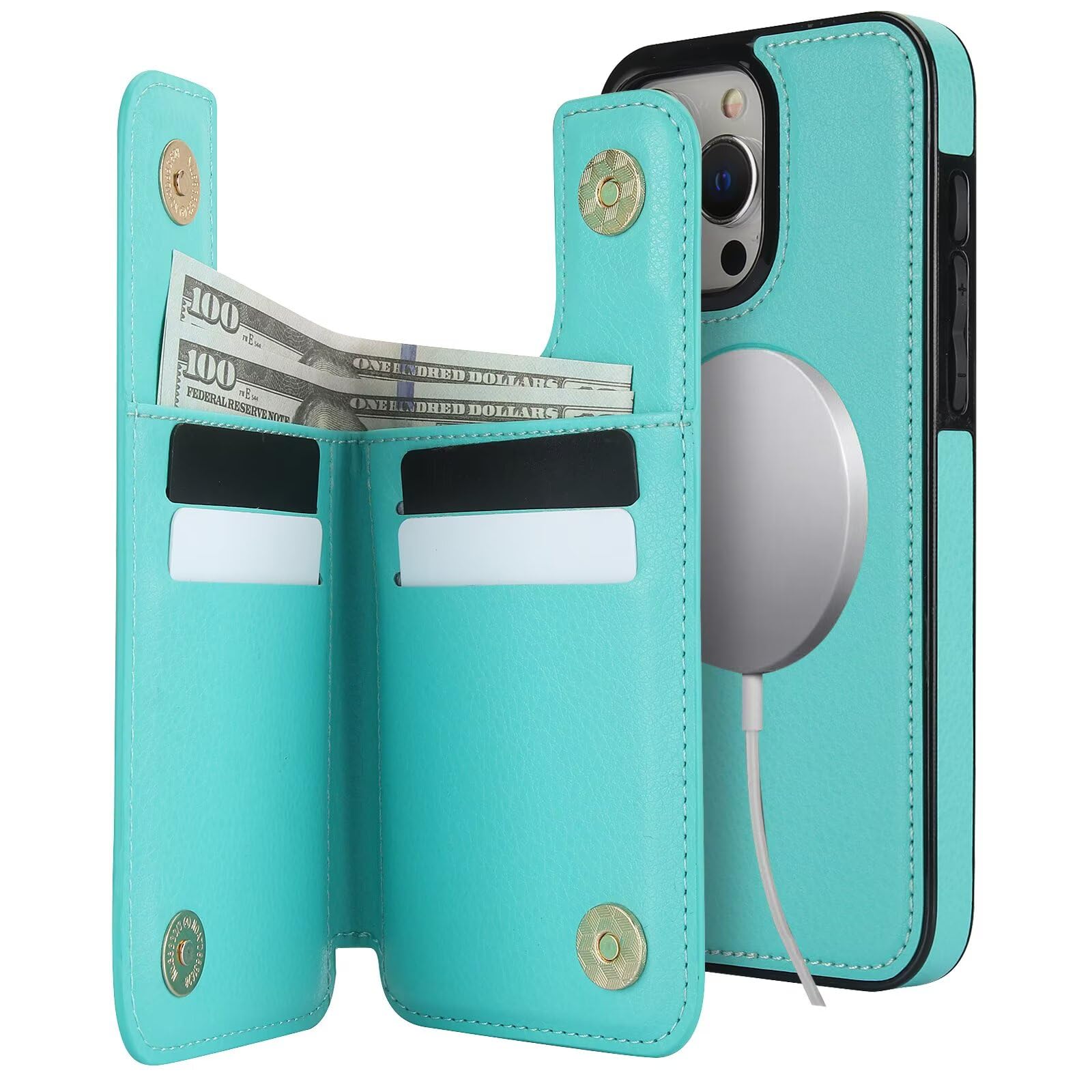 Coque iPhone 14 Pro Max MagSafe antichoc rabat détachable en cuir premium vert - 7