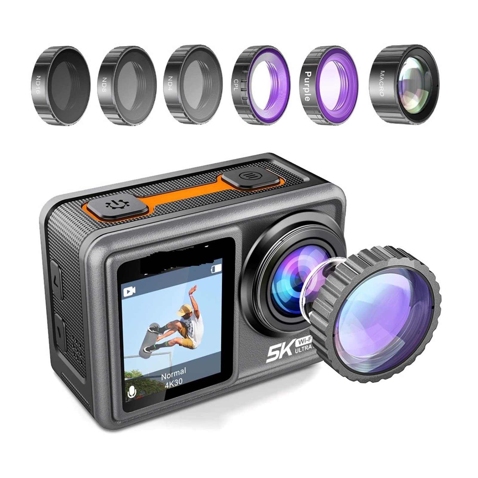 Action Cam, Action Camera Filtro rimovibile 6 Lens 5K 30FPS 4K 60FPS 48MP Dual Screen 2quot; Riprese video IPS EIS Diventa impermeabile Sports Cam Pro ,All'aperto, Sport, Video(Standard,5K Camera Only