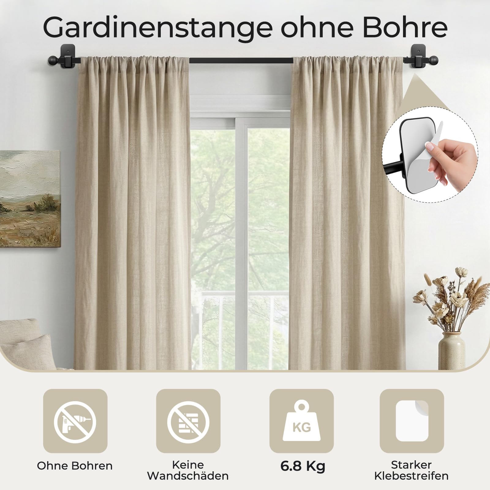 Tringle à Rideaux Sans Perçage 81-218 cm, Barre Extensible Noire Diamètre 16 mm, Supports Adhésifs Sans Trous, Idéal pour Locataires et Installation Temporaire