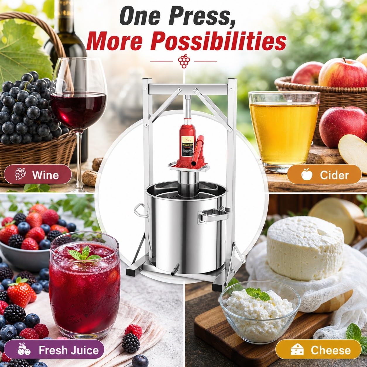Prensa Hidráulica de Frutas de 12 litros, Máquina Prensadora de Jugos y | Presión Hidráulica de 3 Toneladas, Capacidad de 12L, Acero Inoxidable Apto for Uso Alimentario, Operación Manual, Extracción