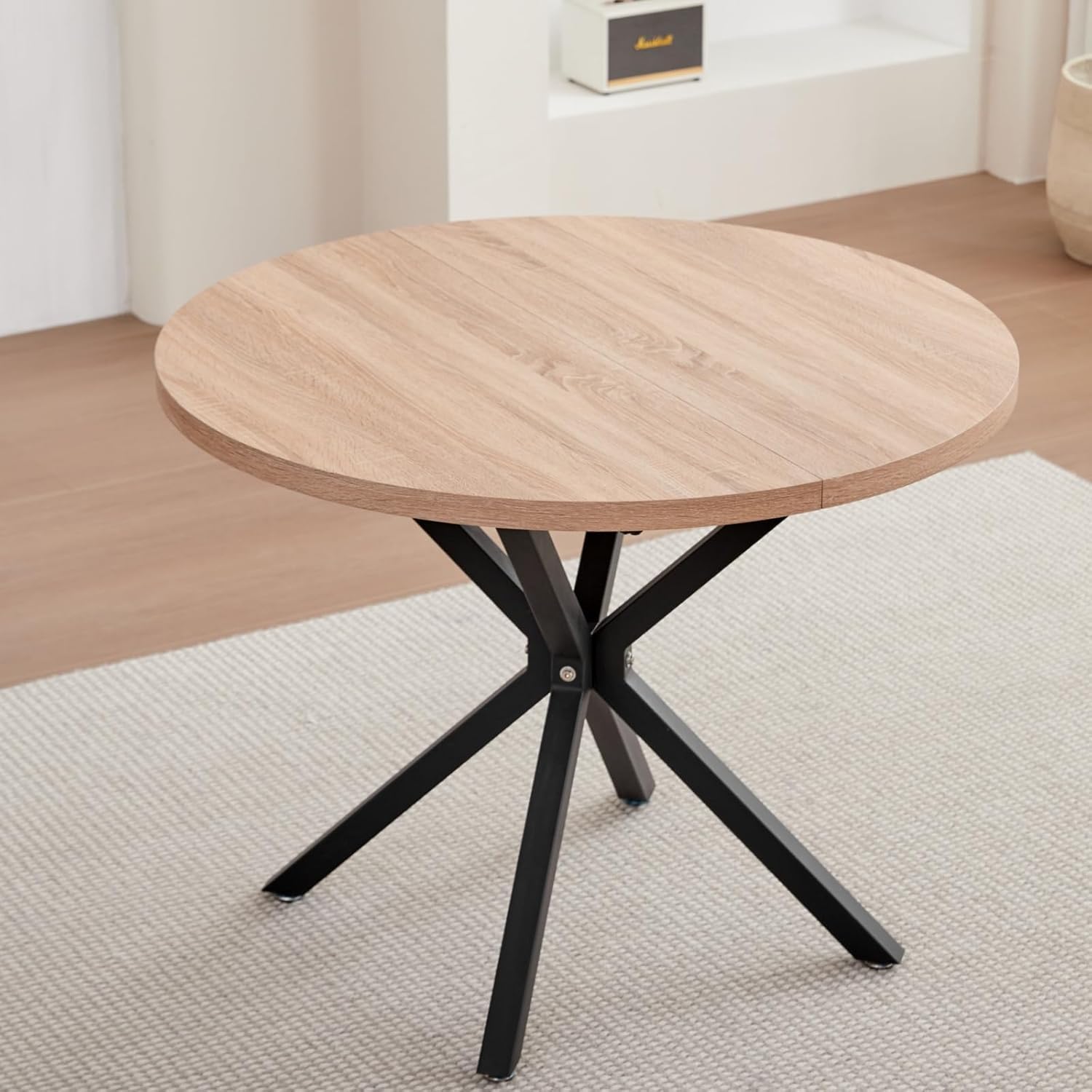 Juego de Mesa y Sillas de Comedor, Mesa de Comedor Redonda con 4 Sillas Tapizadas (Tela de Lino), Ideal para Cocina, Sala, Comedor (Natural_Caqui)
