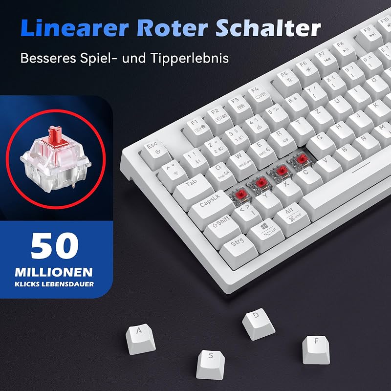 TECURS Wireless Mechanikus Gamer Billentyűzet 80% TKL QWERTZ Piros Switch RGB
