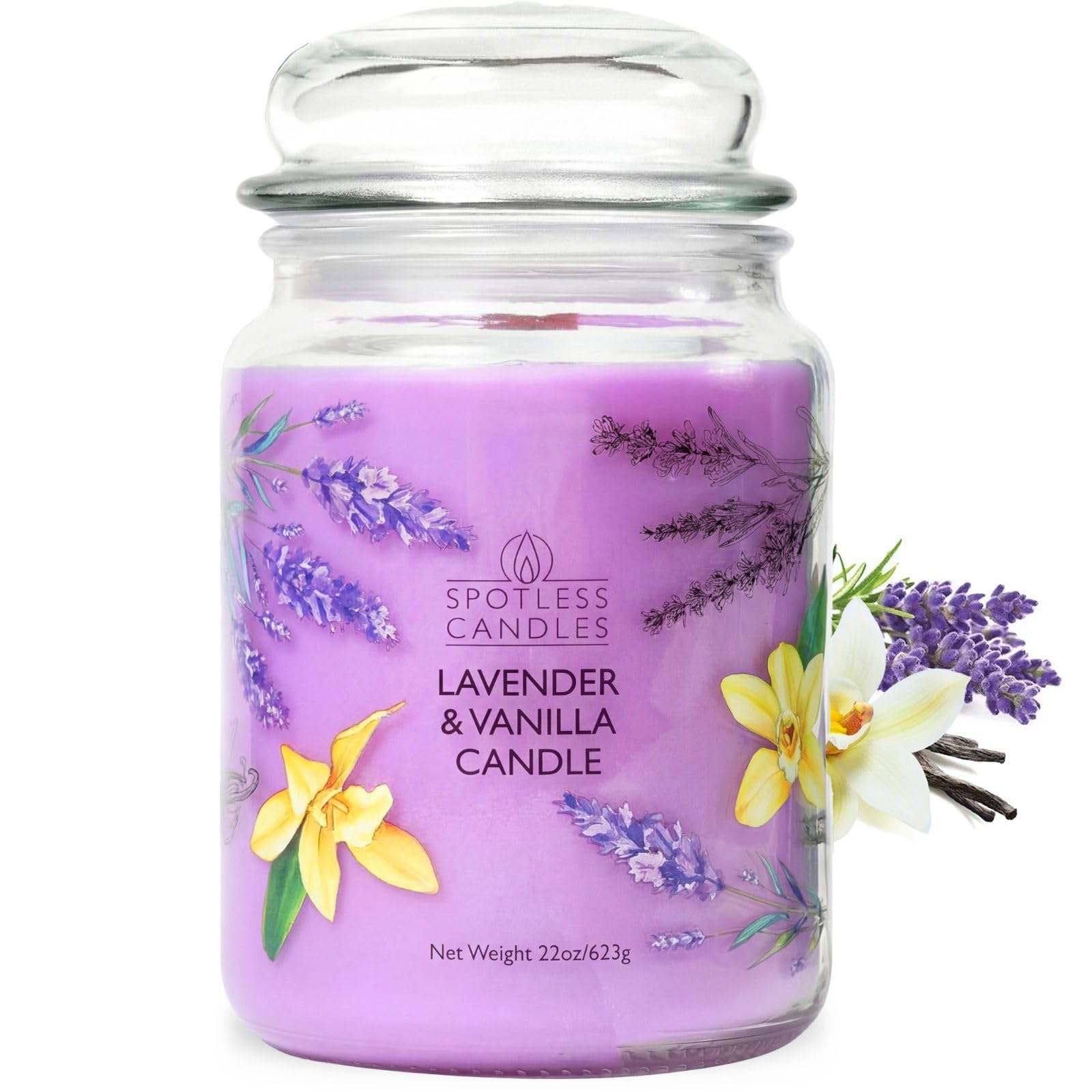 Vanilla Lavender Candle 623g, 130-Hour Burn, Lime Lavender & Cedarwood Tonka Scent, Crackling Wood Wick, Soy Wax, Decorated Glass Jar, Gift Box by Spotless Candles