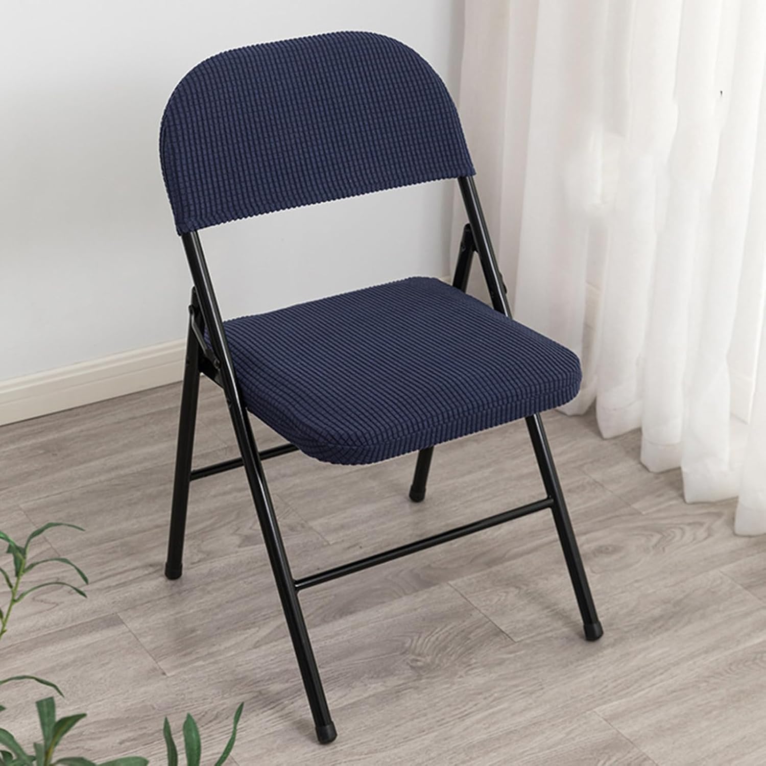Folding Dining Chair Seat and Back Cover Sheet Set Solid Color Jacquard Stretch Chair Slipcover (No Chairs) Home Decoration (Dark Blue, One Size)