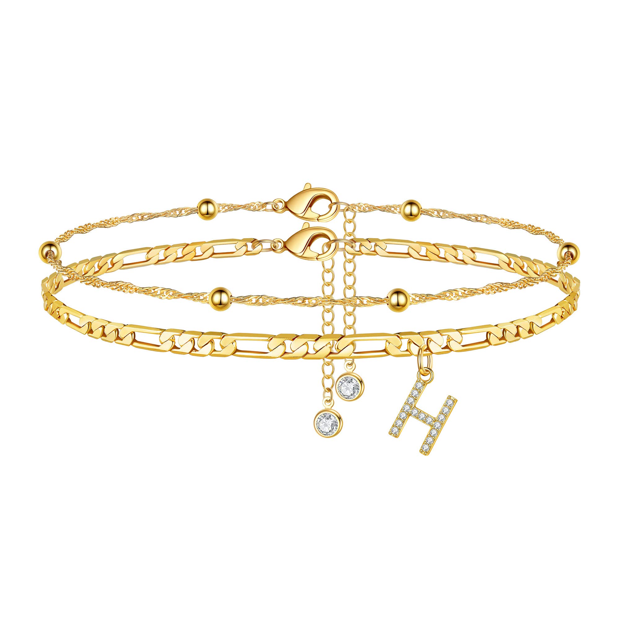 Ursteel Ankle Bracelets for Women, 14K Gold Plated Dainty Layered Chain CZ Initial Anklets Summer Jewelry Gifts for Women