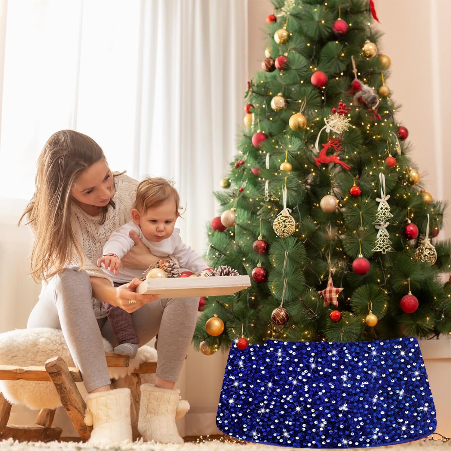 FUHSY Weihnachtsbaumkragen Mit Pailletten - Weißer Baumrock 60 Cm Für Festlichen Look