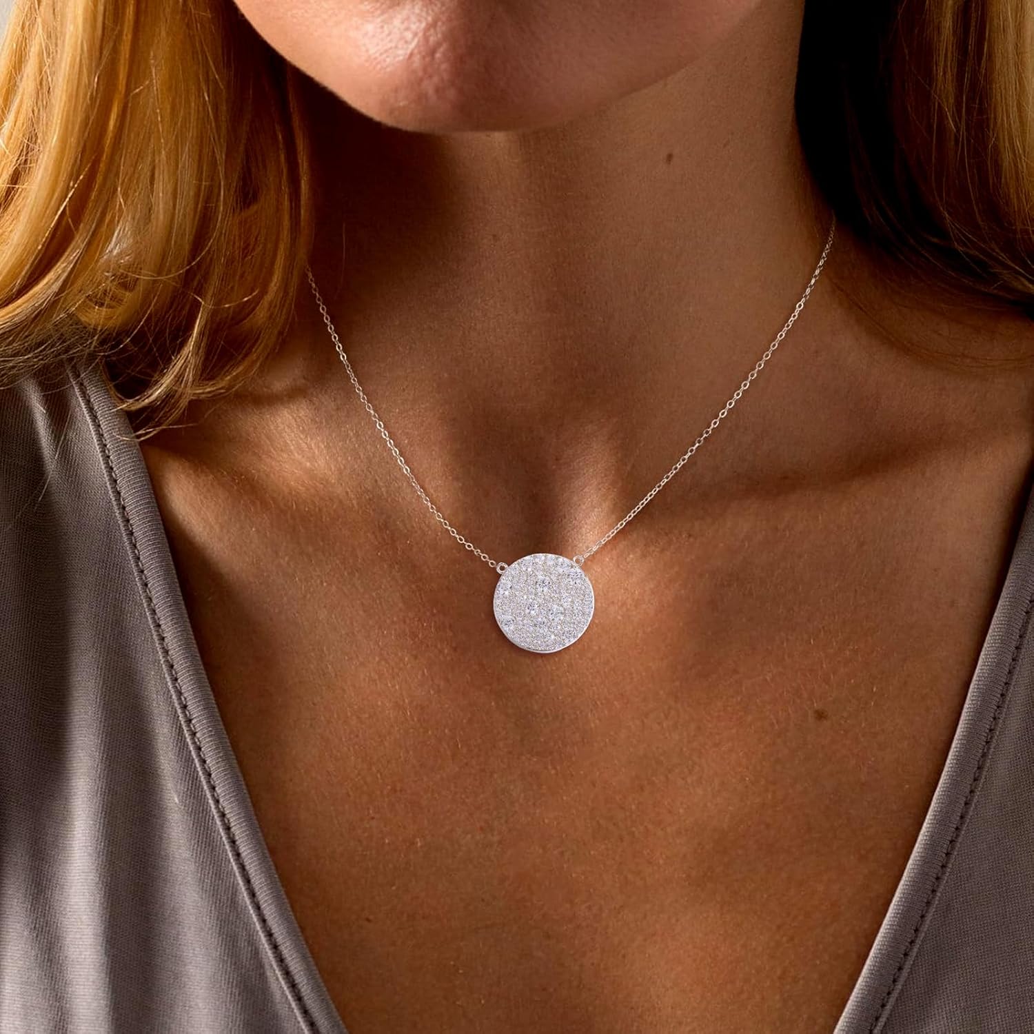 14K Gold Plated /925 Sterling Silver 18 Inch Pave Round Disc/Heart Pendant Necklace for Women Cubic Zirconia/Created Citrine/Ruby/Sapphire Fashion Jewelry - Image 2