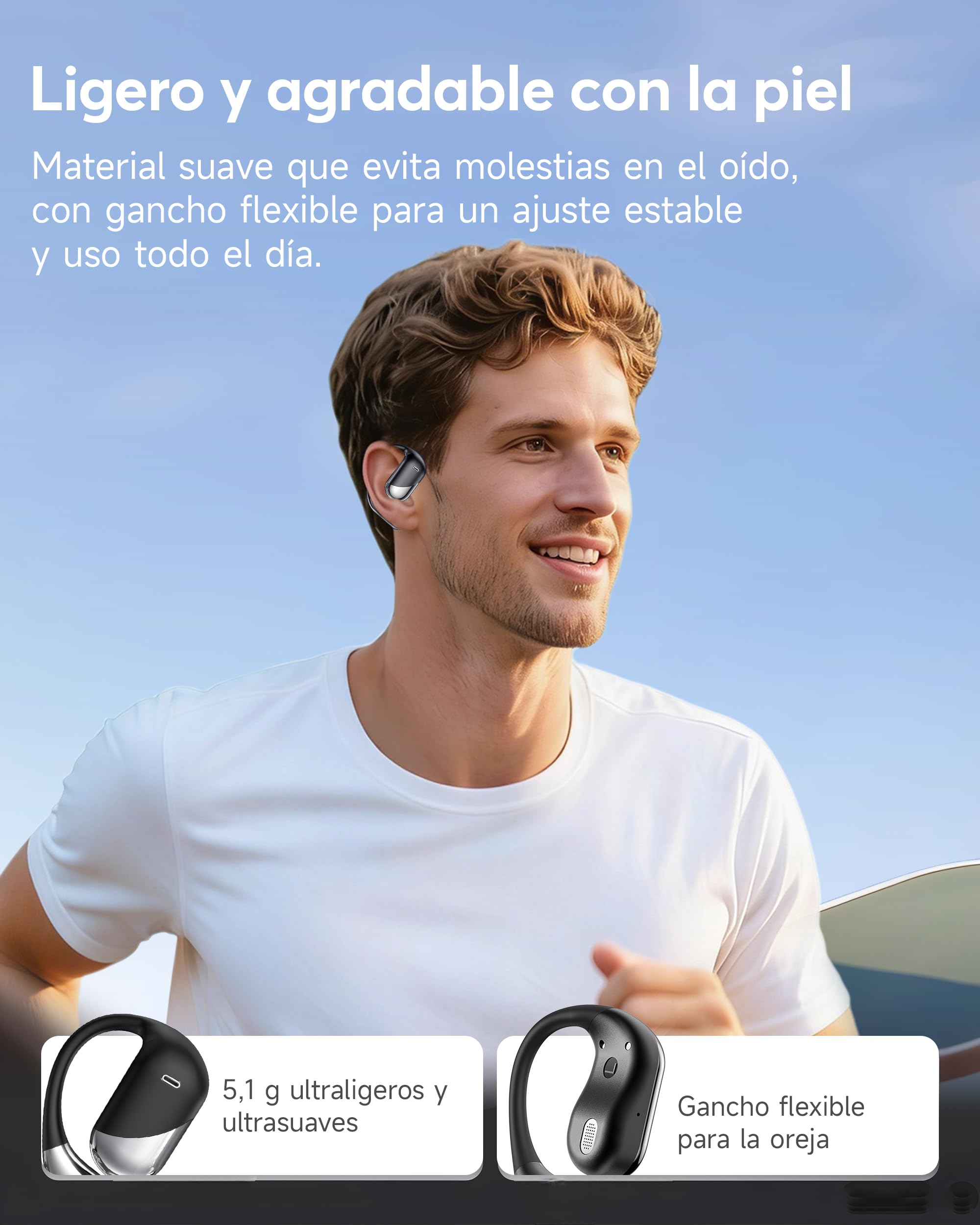 Paekole Auriculares Inalámbricos Deportivos Abiertos, Bluetooth 6.1 Open Ear con Gancho Flexible, 80H Batería, Pantalla LED, ENC Cancelación Ruido, IPX7 Impermeable, Oreja Abierta Running y Oficina