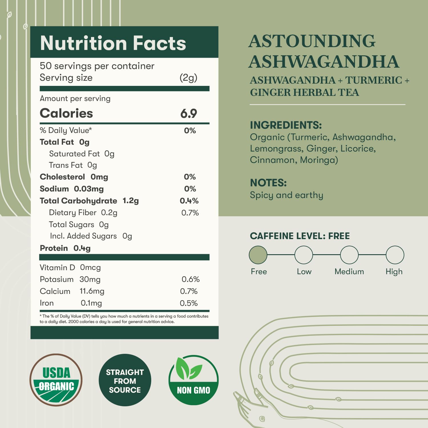 Luxmi Estates Astounding Ashwagandha – Certified Organic Herbal Infusion | 50 Plant-Based Biodegradable Bags (100g) | Ashwagandha, Turmeric, Moringa, Ginger & Cinnamon | For Stress Support | Caffeine Free