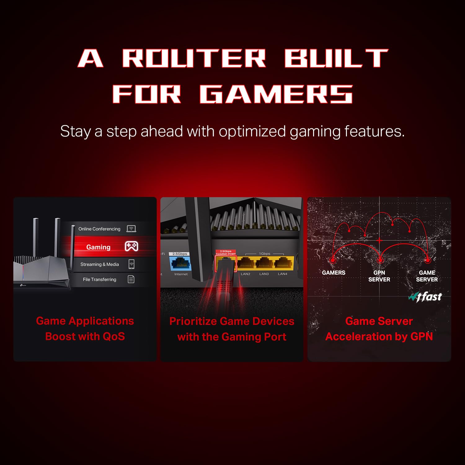TP-Link Dual-Band BE6500 WiFi 7 Gaming Router Archer GE400 | 6-Stream 6.5 Gbps | 2 x 2.5G + 3 x 1G | Accelerazione del gioco, porta e pannello di gioco dedicati, illuminazione RGB | Easymesh