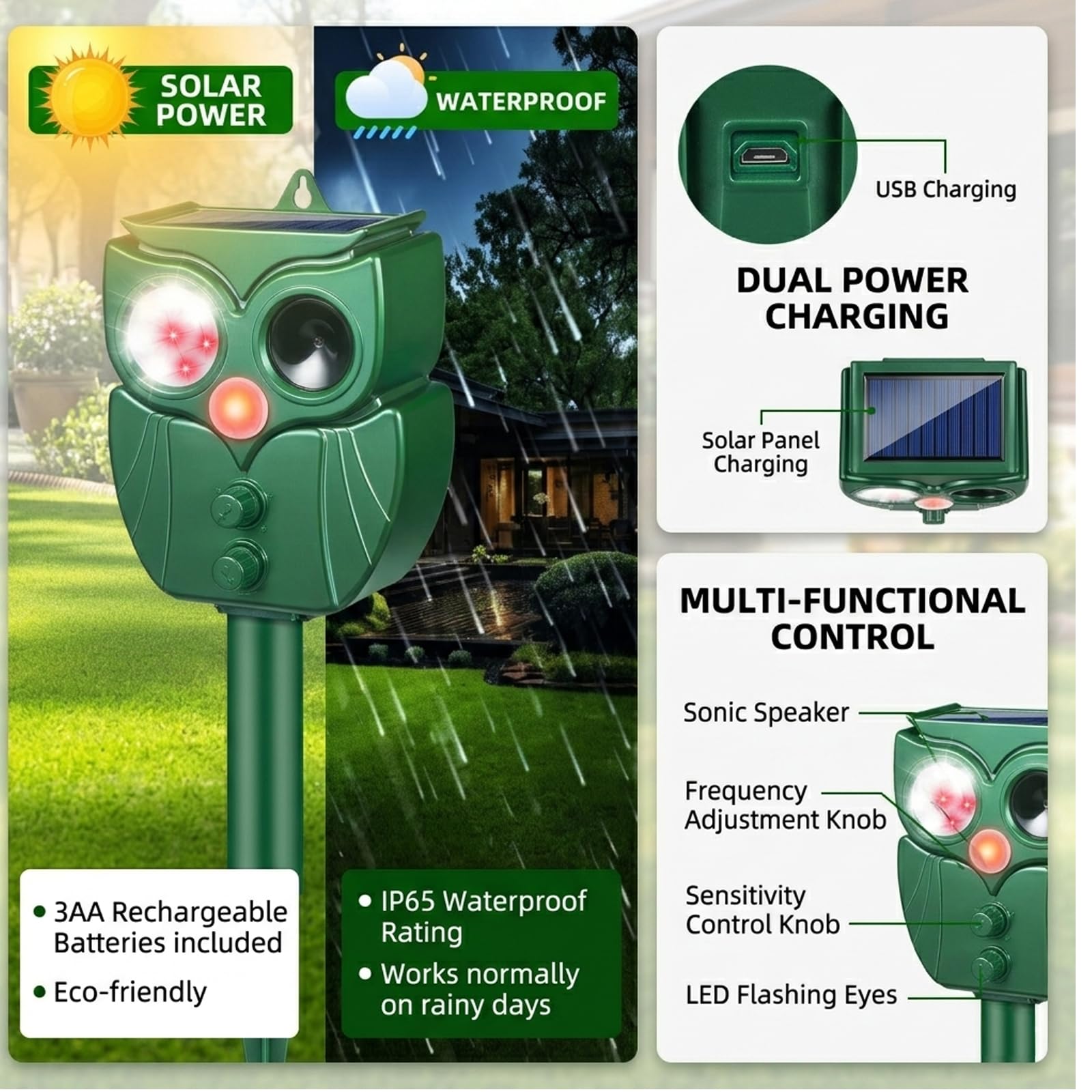 Confezione da 2 repellenti solari ad ultrasuoni per gatti, per esterni, con sensore di movimento, deterrente impermeabile per cervi con luce flash LED, deterrente per cani, scoiattoli, procioni