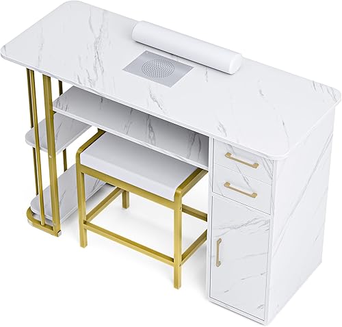 Mesa de manicura para uñas para tecnología de uñas, mesa profesional de uñas con taburete, colector de polvo, bolsa de polvo y cojín de muñeca, mesa