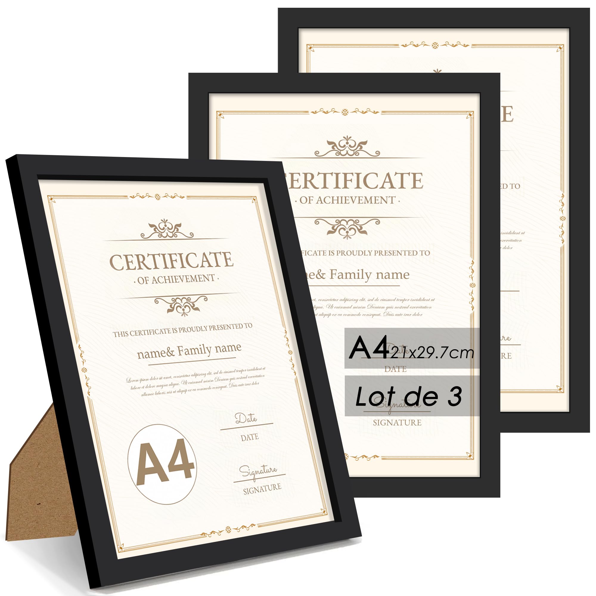 QPQIYIY Bilderrahmen A4 (21x29,7 cm) 3er set, Schwarz Bilderrahmen Hergestellt aus Holzwerkstoff, Rahmen A4 ideal für Fotos, Bilder, Poster