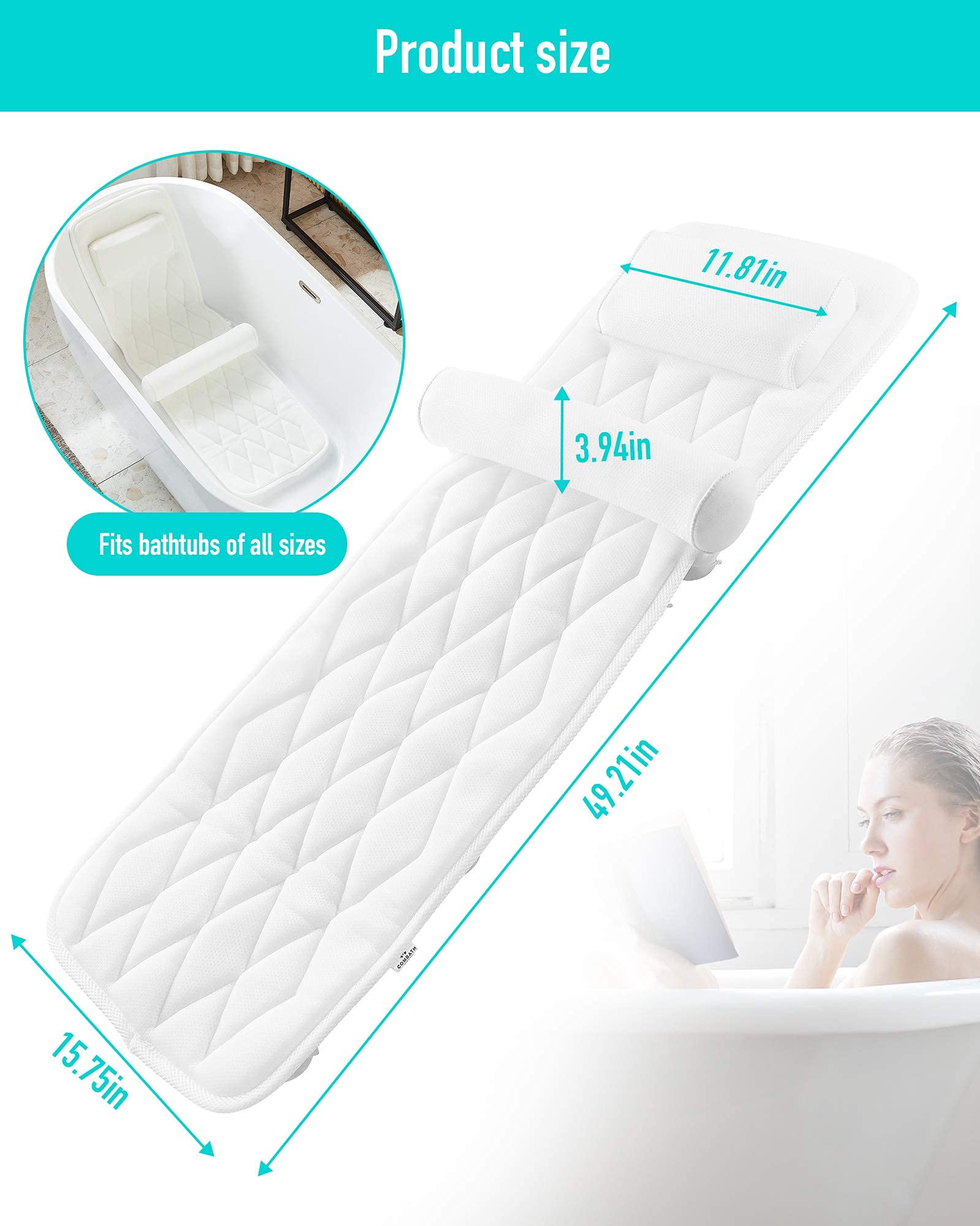 Badewanneneinlage Mit Kissen, Ganzkörper Badematte Kissenmatte mit 3D-Air-Mesh-Technologie 11 Saugnäpfen für Badewanne Badewannenkissen