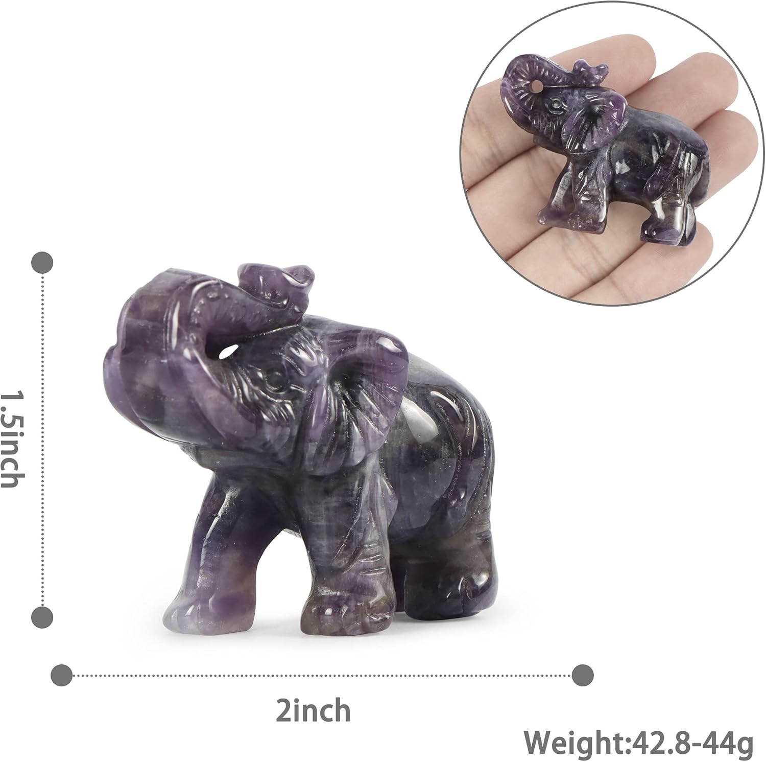 SMQ 2.0" Amethyst Crystal Elephant Decor Figurines Gifts for Women Carved Cute Polished Gems Healing Purple Sculpture Statue Stones Home Room Desk Decoration