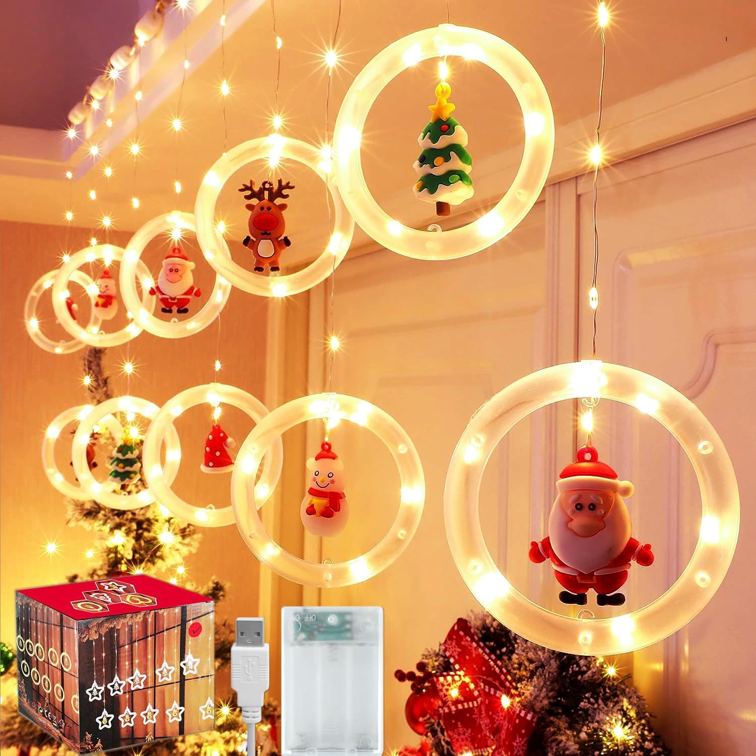 Yoawllty Christmas Lights, USB Or Battery Powered Christmas Hanging Ornaments for Indoor Outdoor, Warm White Christmas Decorations For Home