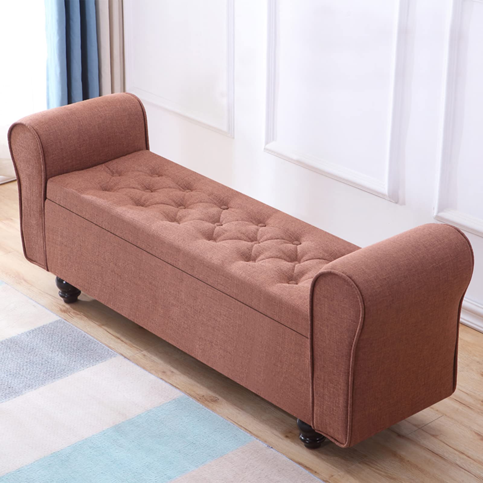 LMMIAOZ Large Capacity Upholstered Storage Ottoman Bench with Wood Legs Vintage Linen Armrest Footstool for Bedroom Living Room Light Curry Color 100x40x40cm
