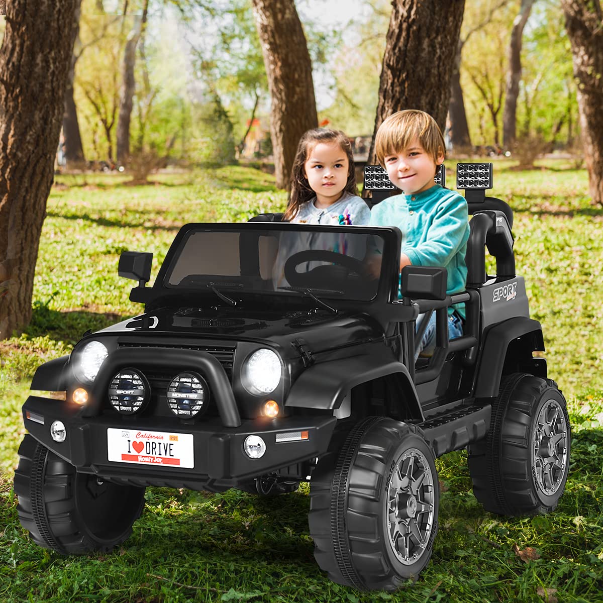 COSTWAY Auto Macchina Elettrica per Bambini 12V, Veicolo Elettrico a Batteria a 2 Posti, con Telecomando 2,4 G, Porta USB e AUX, per Bambini 3+ Anni (Nero)