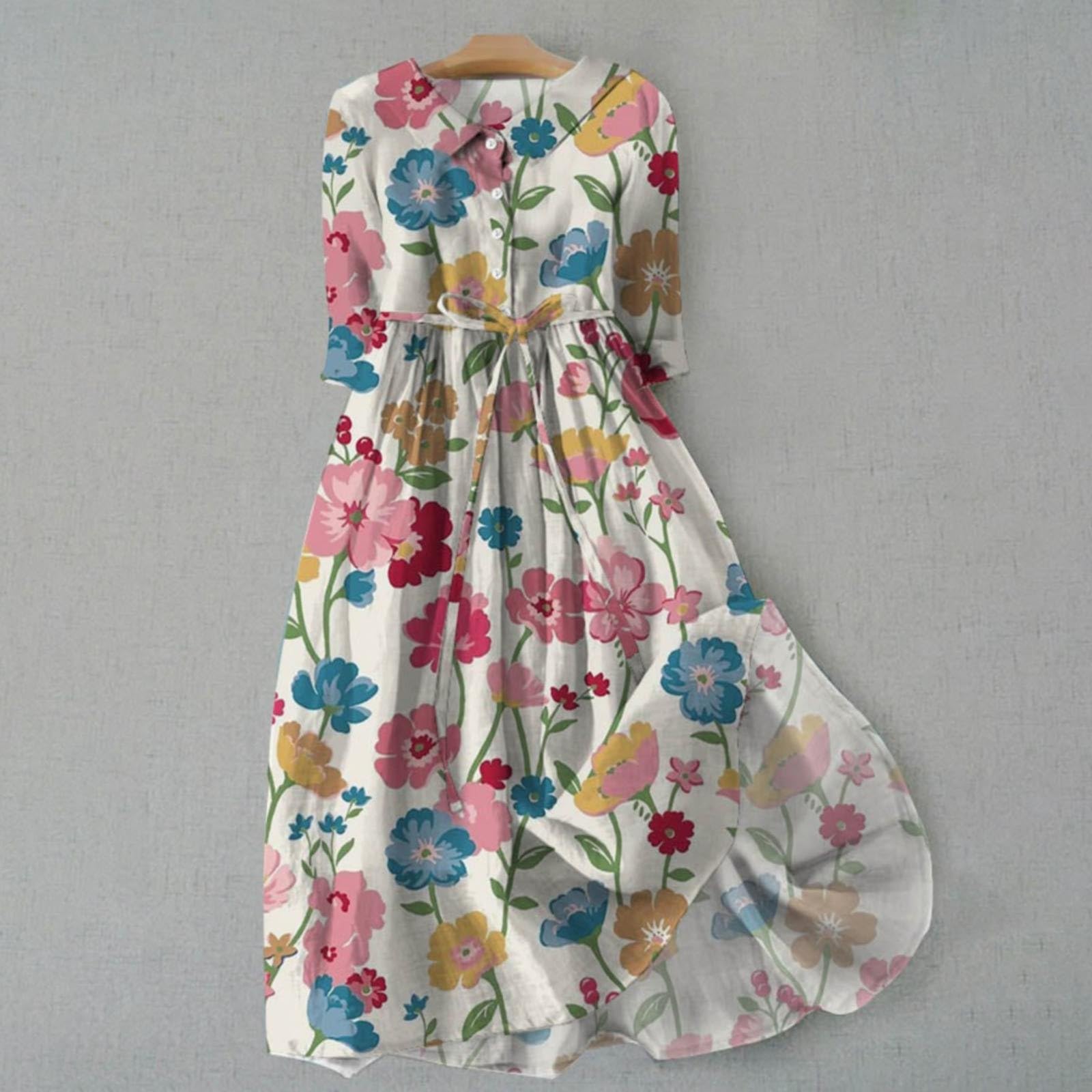 Vestido con estampado floral para mujer con botones frontales, vestido largo casual de manga larga con dobladillo drapeado para primavera y verano