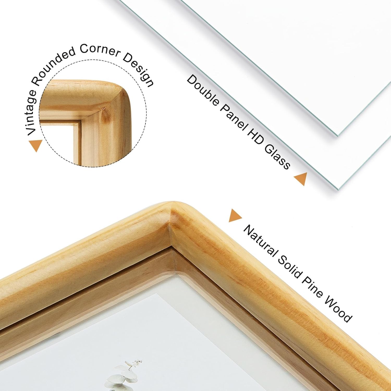 8x10 Floating Picture Frame, Solid Pine Wood with Double Sided Real Glass, Fits 8x10 Photos or Display Any Size Photo up to 10x12, Wall Hanging or Tabletop Free-Standing, Nature