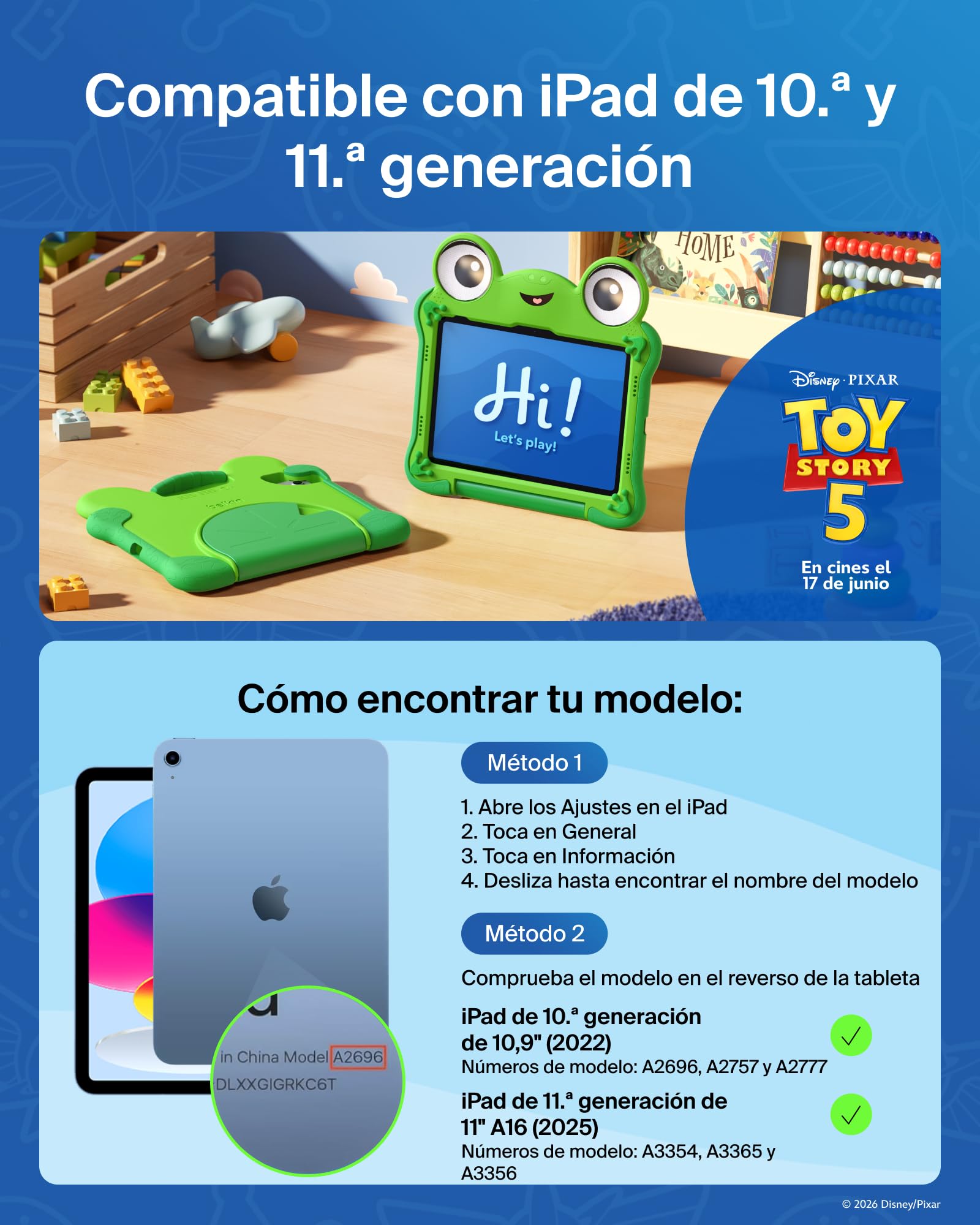 Belkin Disney y Pixar Toy Story 5 Funda Inspirada en Lilypad, Funda iPad A16 11.ª Gen 2025 11" y 10. ª Gen 2022 10,9" No Tóxica, Antigolpes con Asa y Soporte, Carcasa Protectora Trasera Resistente