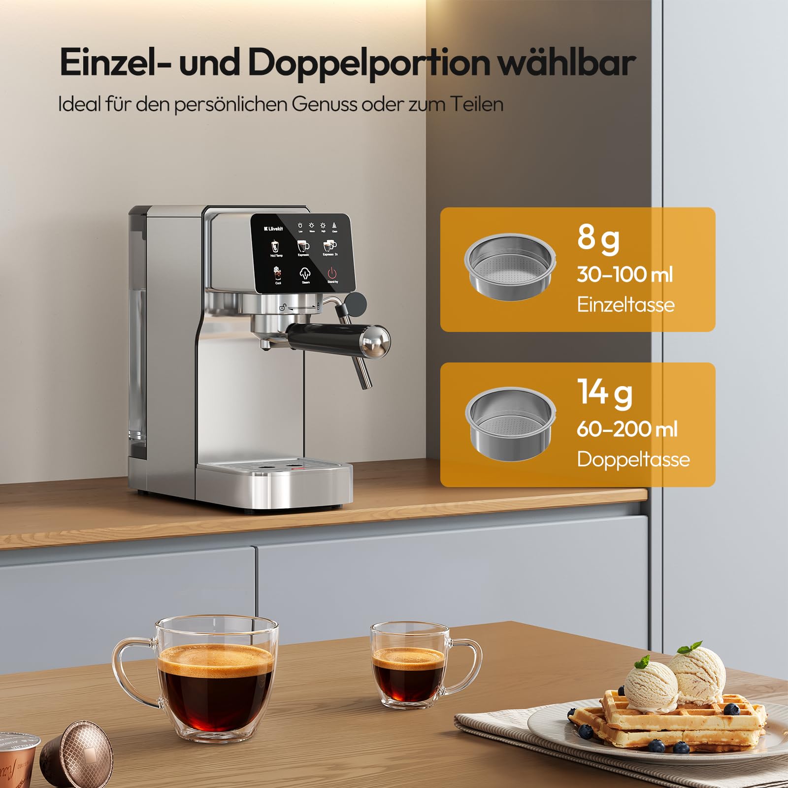 LLIVEKIT Siebträgermaschine, 20 Bar Espressomaschine mit Milchaufschäumer, 3 Temperaturen, Kapsel & Kaffeepulver geeignet, 1,2 L Wassertank, Kompakte Espressomaschine für Cappuccino Latte, Edelstahl