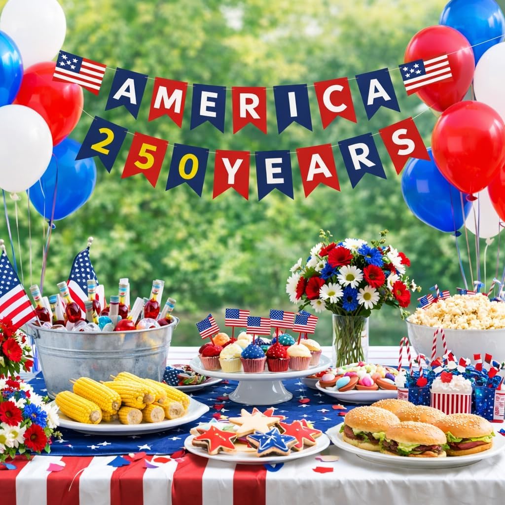 America 250th Anniversary Decorations Banner, Patriotic Red White Blue Garland for Memorial Day, 4th of July Independence Day Party Decor, USA Hanging Banner for Indoor Outdoor Home