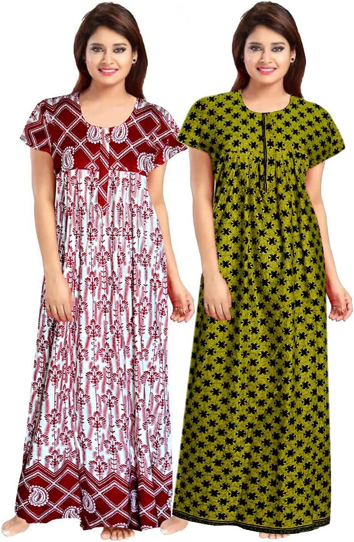 GenericHOORANI Enterprises 100% Cotton Nighty for Women || Long Length Printed Nighty/Maxi/Night Gown/Night Dress/Nightwear Inner & Sleepwear for Women's (Combo Pack of 2)