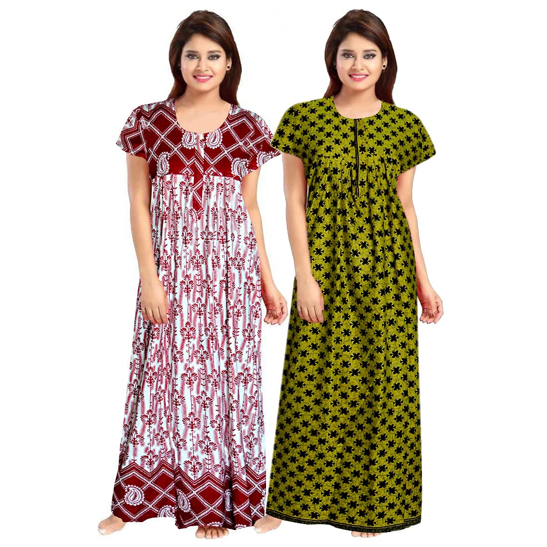 GenericHOORANI Enterprises 100% Cotton Nighty for Women || Long Length Printed Nighty/Maxi/Night Gown/Night Dress/Nightwear Inner & Sleepwear for Women's (Combo Pack of 2)