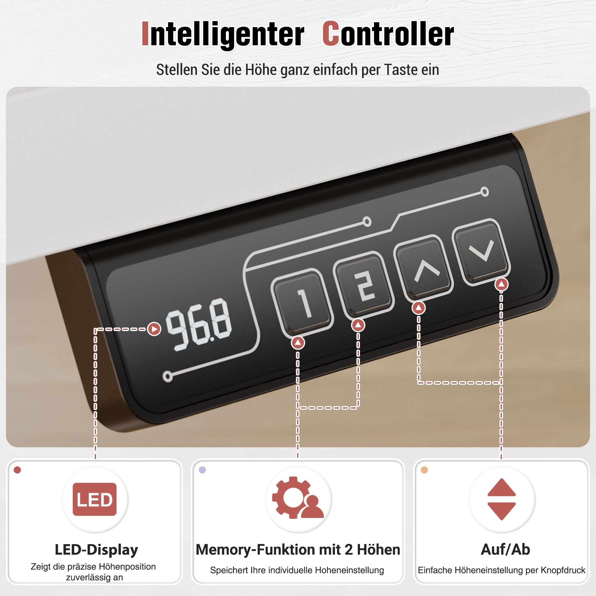 Höhenverstellbarer Schreibtisch 120 x 60 cm, Weiß | Elektrisch höhenverstellbarer Schreibtisch mit Memory Funktion, Gaming Tisch, Computertisch für Büro, Standing Desk