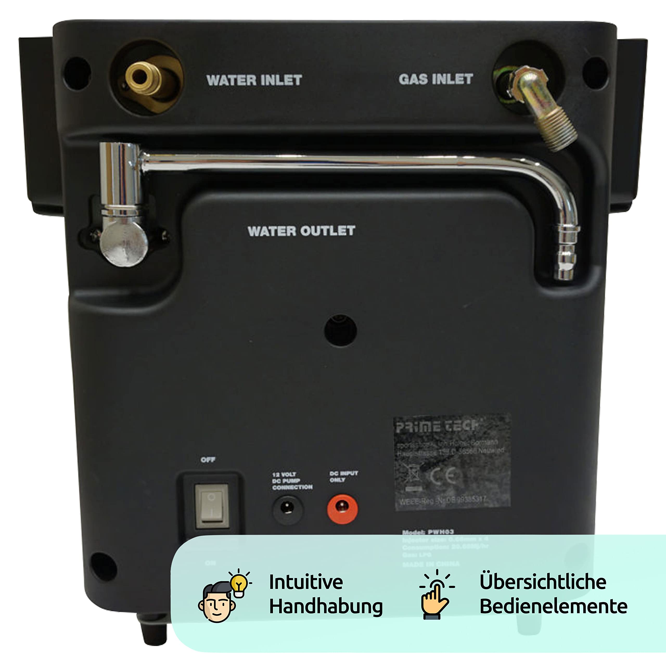 Prime Tech | Mobiler Gas-Durchlauferhitzer 12V 5kW | Warmwasserbereiter mit Duschbrause & Zubehör | Warmduscher für Camping, Outdoor & Vanlife | Gasbetriebener Wasserboiler mit Tasche