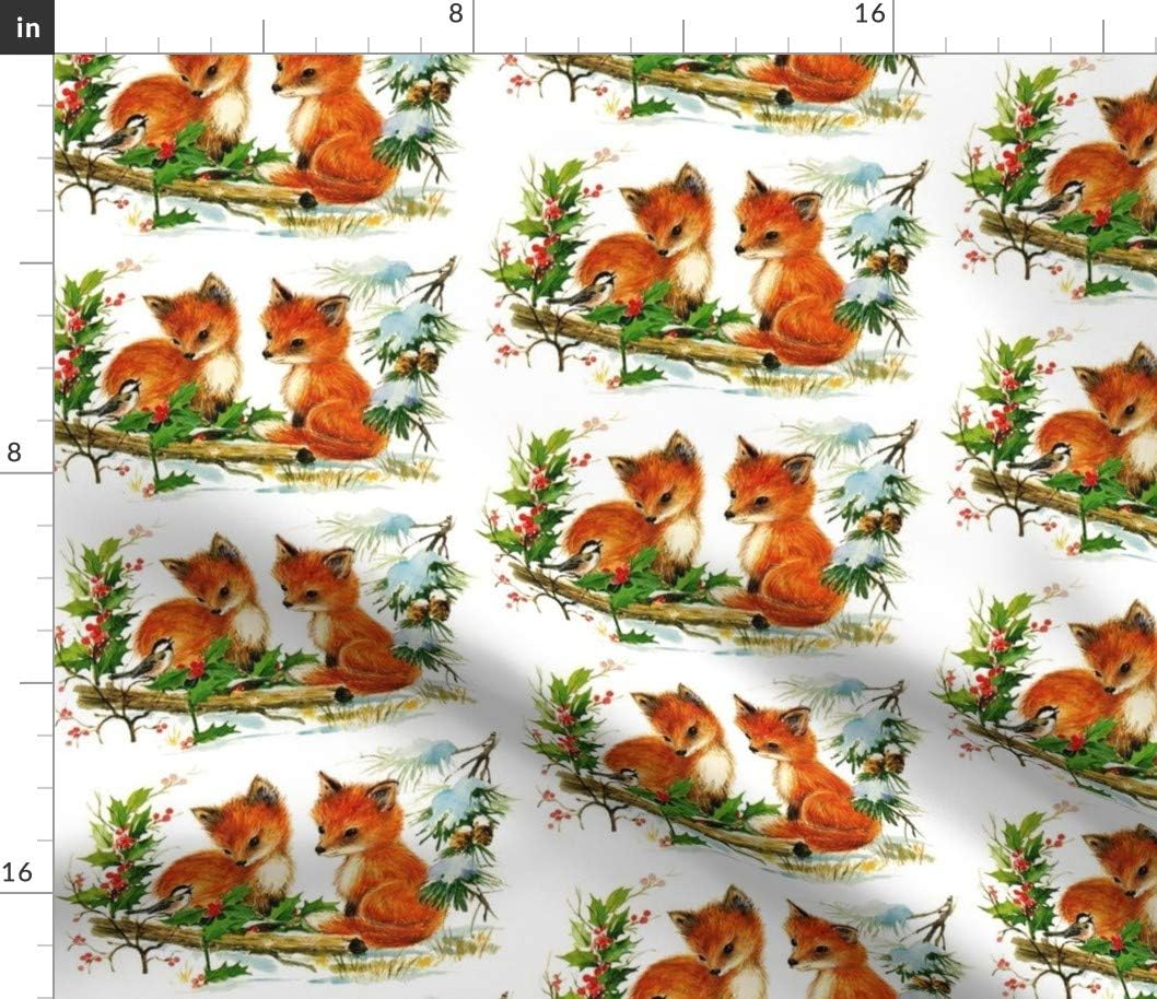 Spoonflower Fabric - Birds Winter Snow Red Foxes Trees Animals Cone Pine Christmas Vintage Printed on Petal Signature Cotton Fabric by The Yard - Sewing Quilting Apparel Crafts Decor