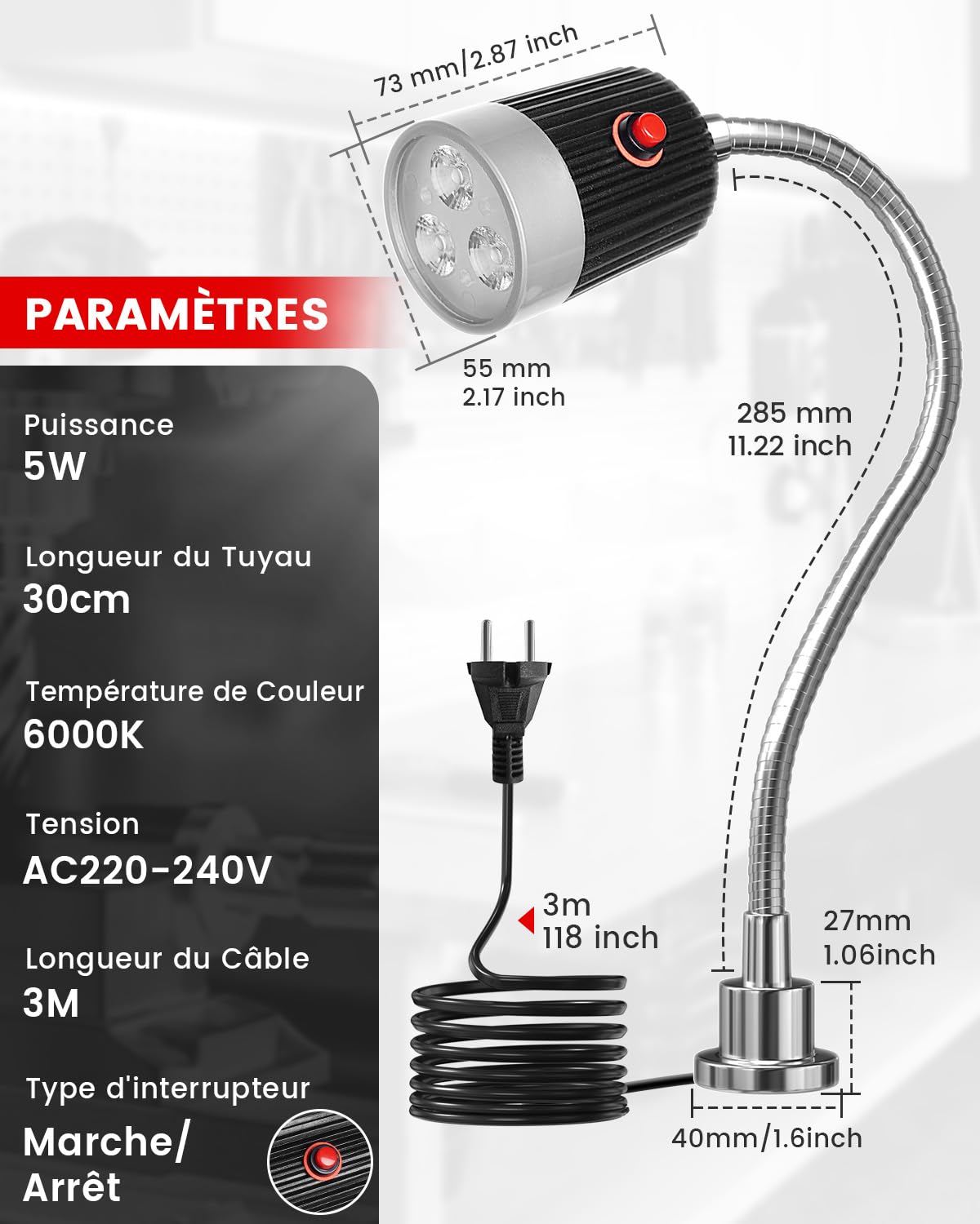 Klarlight 5W Lampe de Machine Magnétique, Lampe de Travail LED Magnétique avec Col de Cygne Flexible et Socle Magnétique Puissant, Blanc Froid 6000K pour Machine à Coudre, Gril, Atelier
