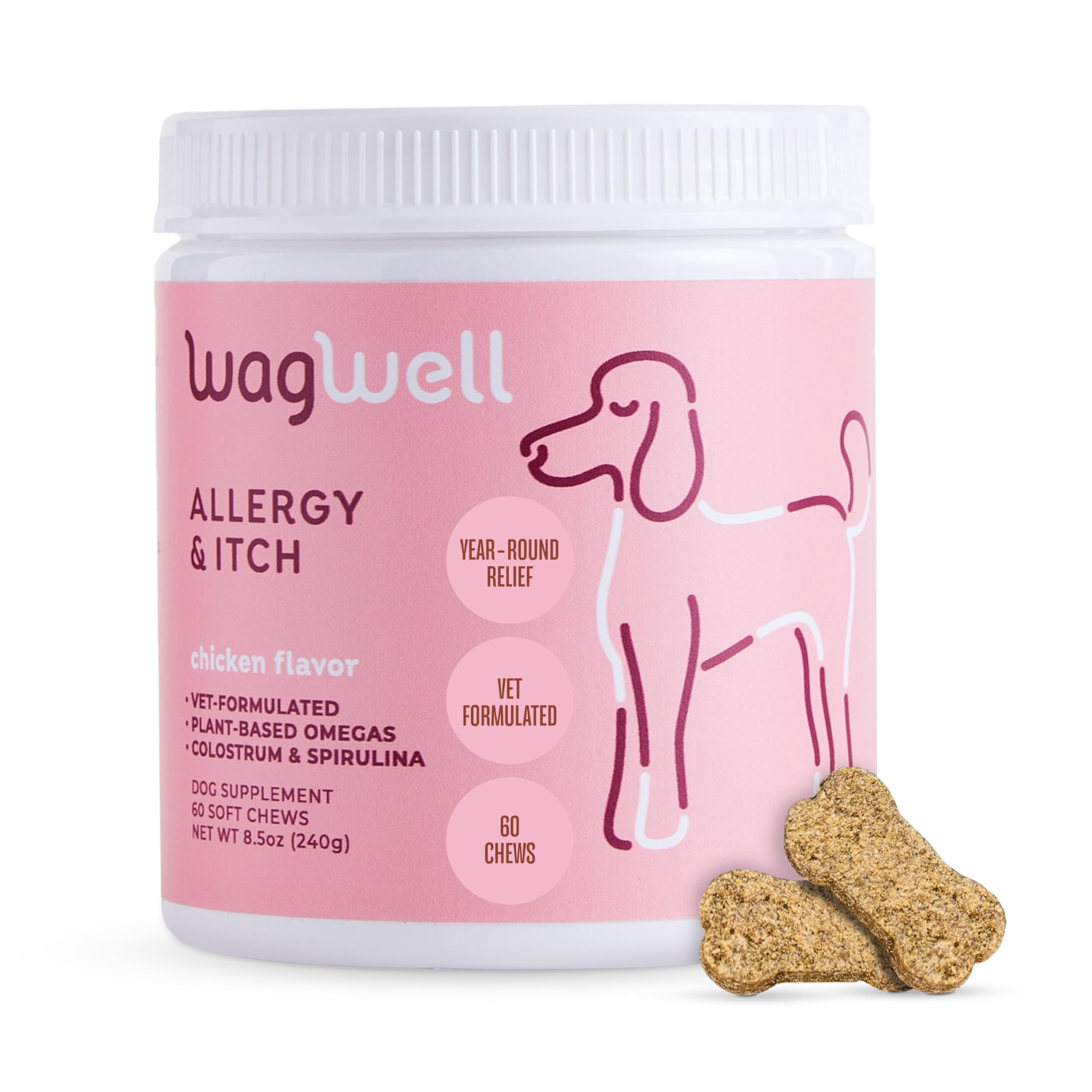 WagWell Allergies et démangeaisons à mâcher – Aromatisé au poulet – À base de plantes avec du colostrum et de la spiruline – Complément alimentaire pour la peau et le pelage de chien pour soulager les