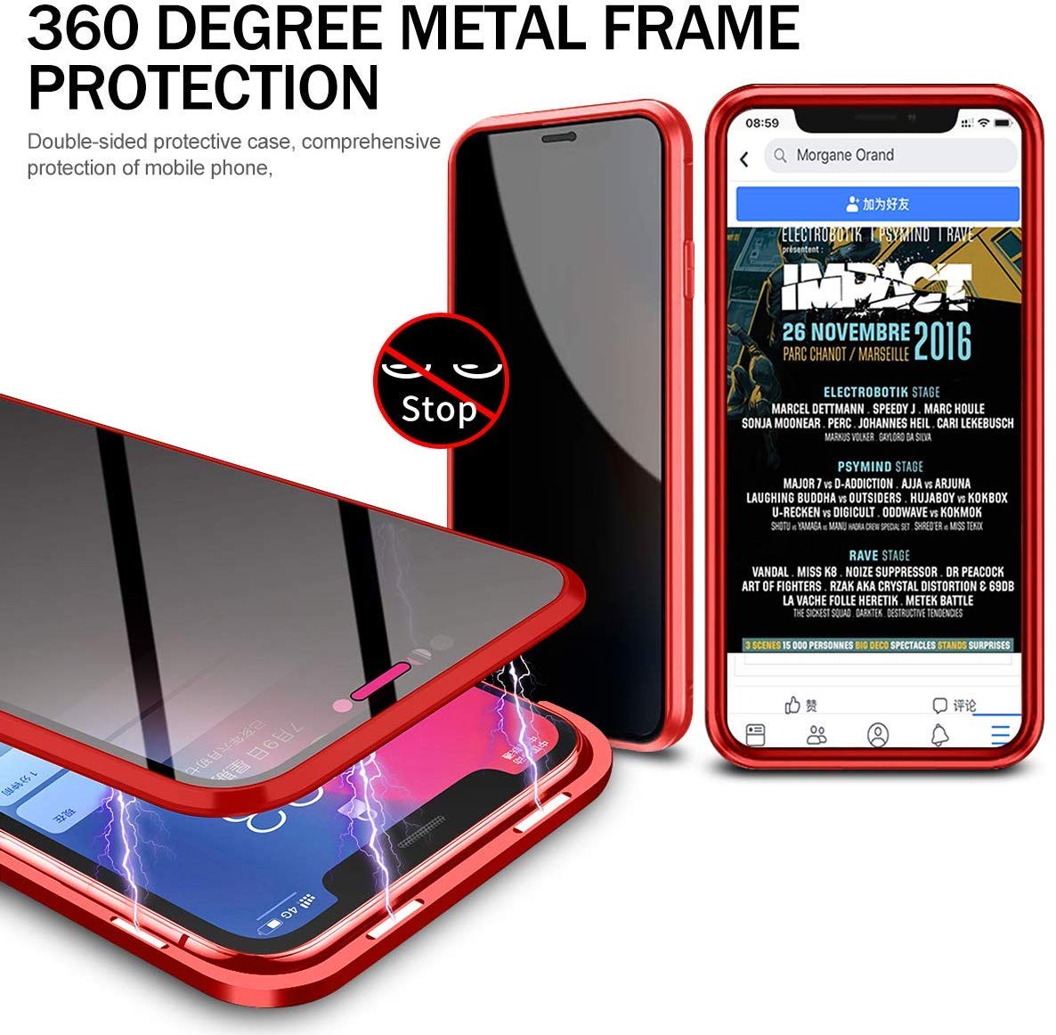 SIMao Custodia Anti-spia Con Magnete Per IPhone 11 Pro Max – Cover Con Protezione Privacy 360° In Vetro Temperato E Telaio Metallico Rosso, Supporta Ricarica Wireless E Face ID