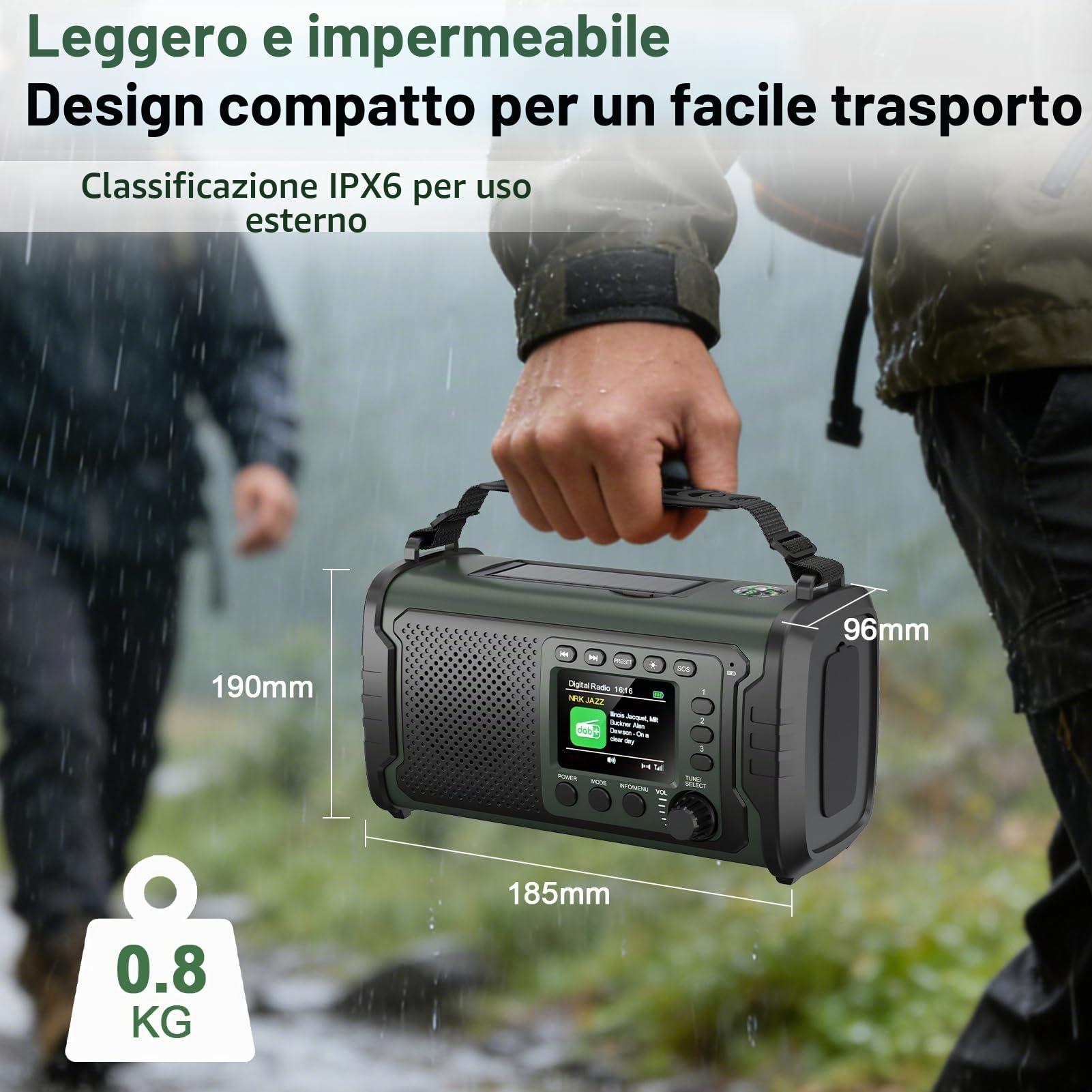 Radio di Emergenza DAB+/FM 20000mAh con Powerbank, Solare e Manovella | Bluetooth 5.3, SOS, Torcia e Luce da Lettura per Casa, Campeggio, Camper e Blackout, Verde Militare
