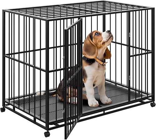 Miniatura 8 de Jaula para perros de acero inoxidable resistente para razas grandes, indestructible, a prueba de escape, ruedas de bloqueo, diseño plegable,