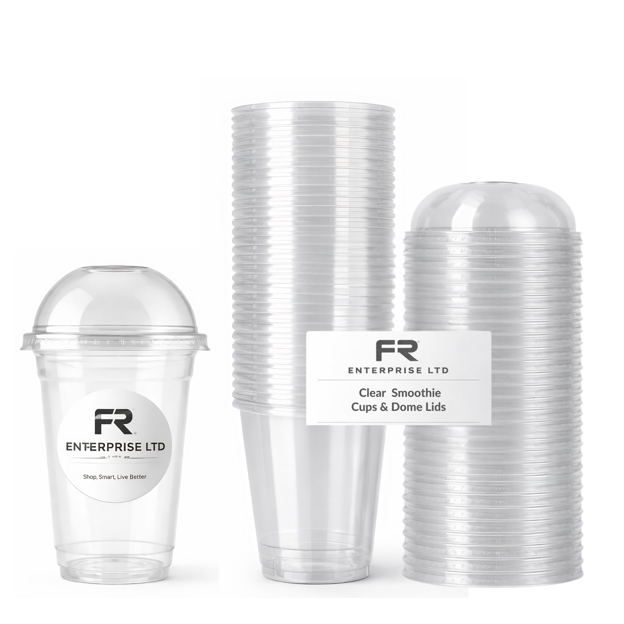 FR Enterprises Strong Clear Smoothie Cups with Dome Lids - 200 Pack 8oz (236ml) Milkshake Reusable Plastic Cups for Iced Tea, Coffee, Cold Drinks