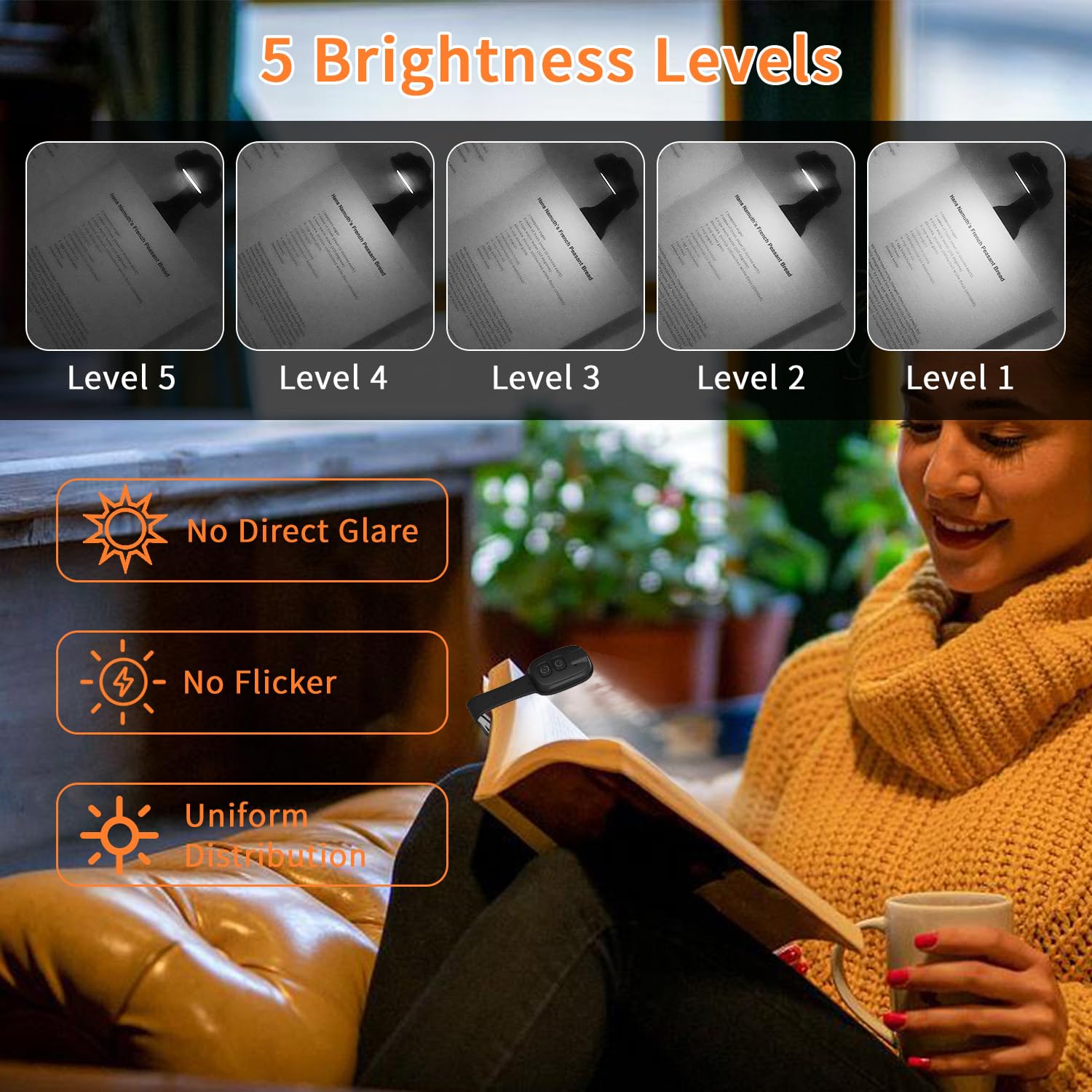QUMOX Luz de Lectura LED Recargable con Clip – 7 LEDs, Brillo Ajustable, 3 Tonos de Luz, Compacta y Portátil para Viajes y Lectura Nocturna
