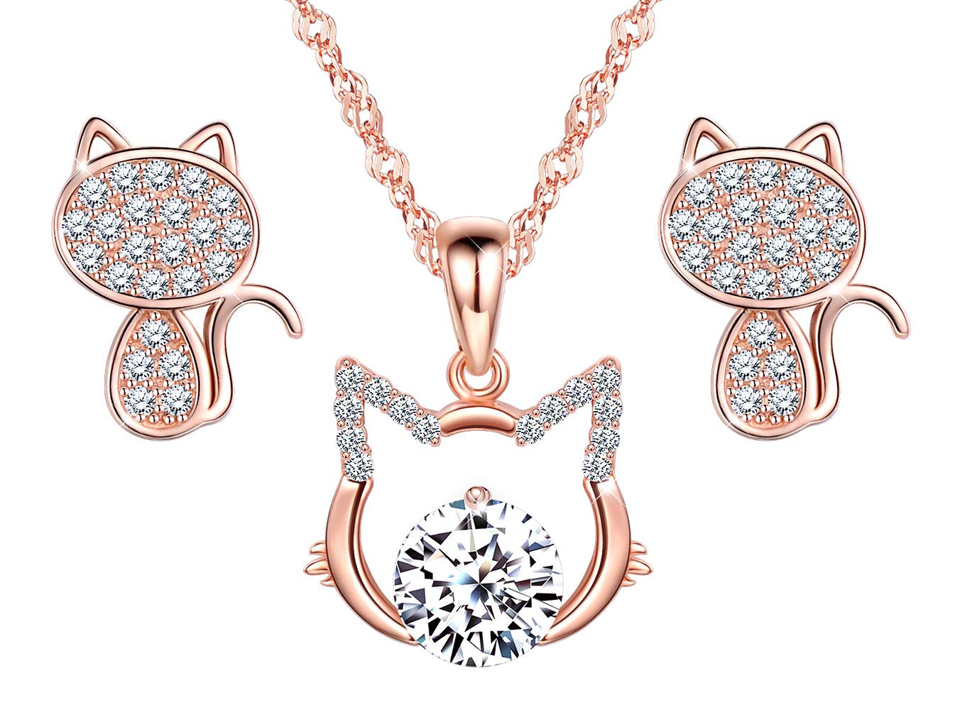 Collar de gato lindo y pendientes de plata de ley con circonitas 8