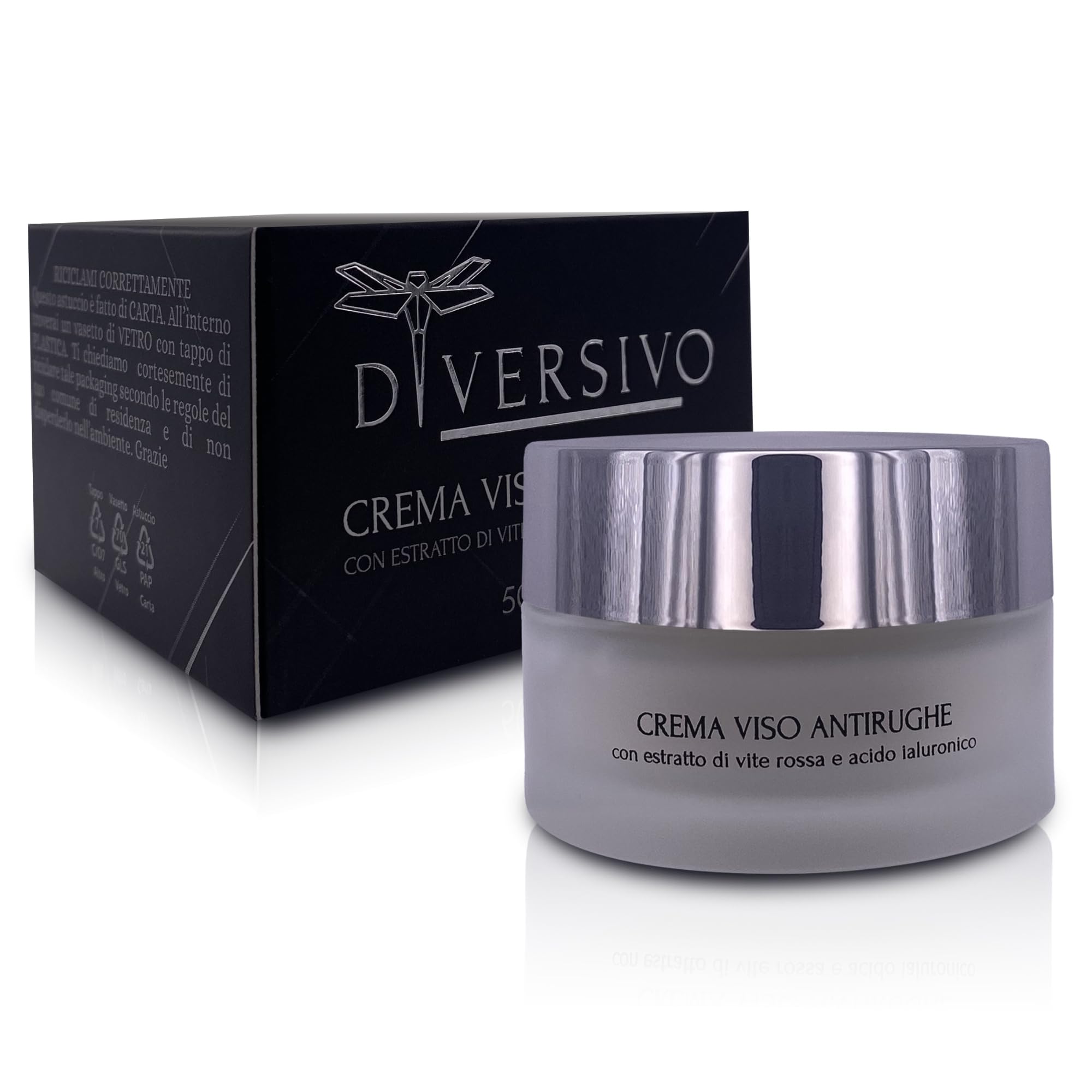 DIVERSIVO - Crema Viso Antirughe - Idratante e Rassodante con Vite Rossa, Acido Ialuronico e Aloe Vera - 50ml
