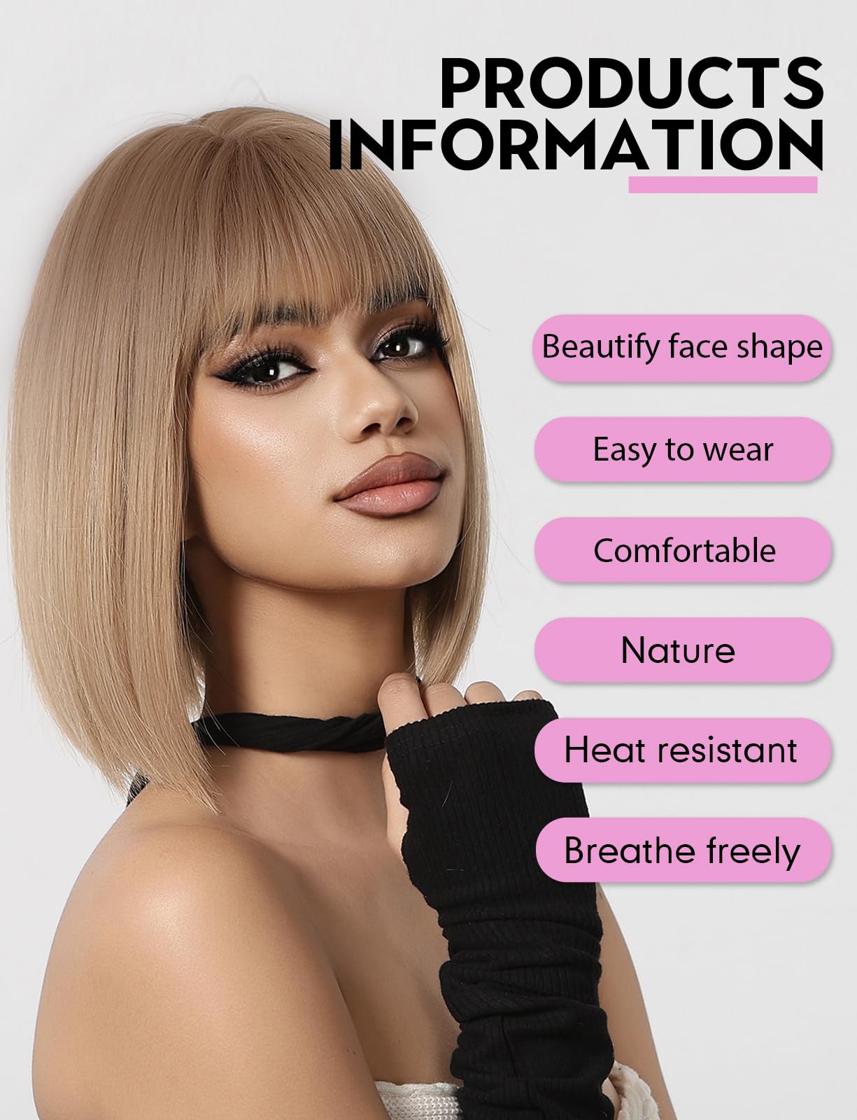 Workstar Blonde bob Wigs for Women Synthetic Wig with Fringe, Ombre Blonde with Dark Roots, 22 inches - Image 2