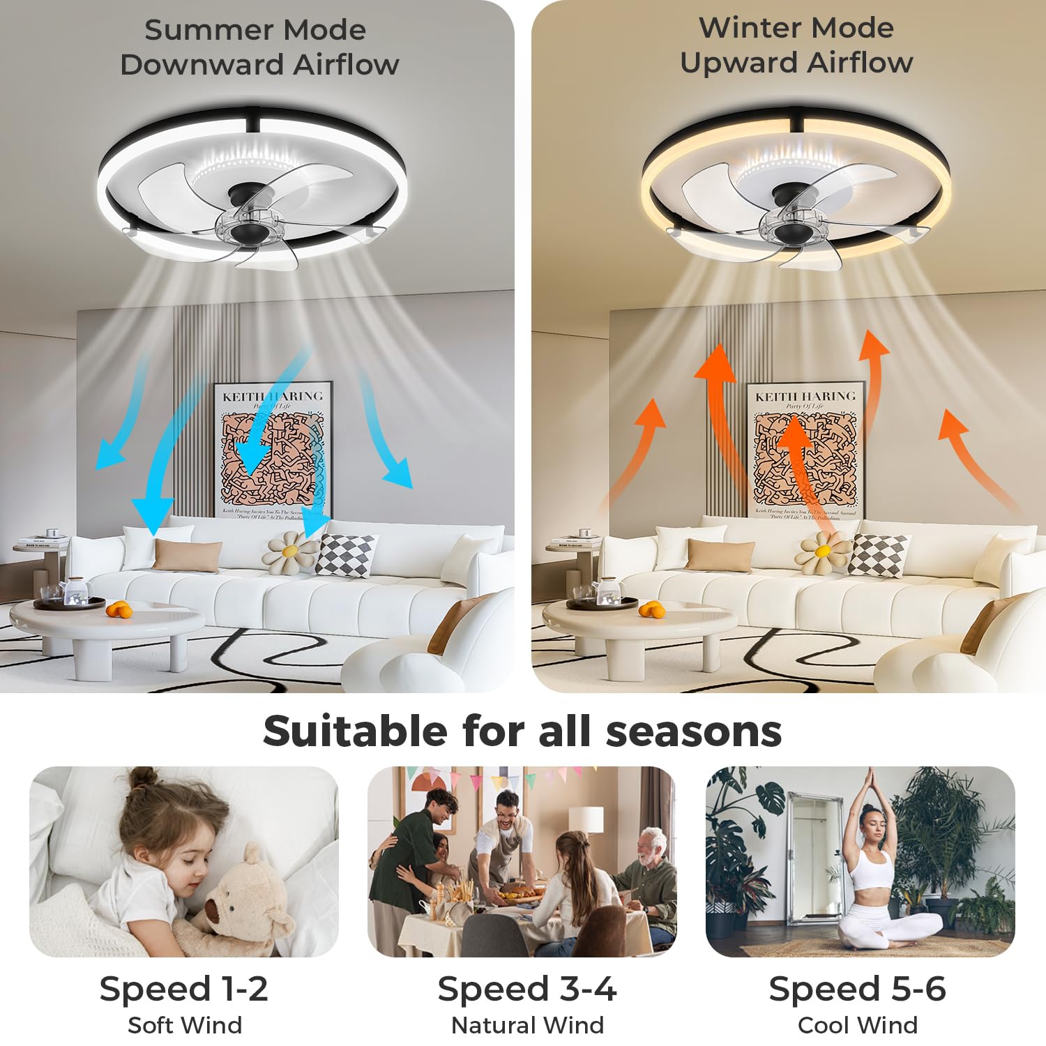 Omdekor Ventilator Deckenleuchte, Leise, LED Deckenventilator mit Beleuchtung, App & Fernbedienung, 6-Gang, Dimmbar 3 Farbtemperaturen, Timer, 55W, für Wohn-/Schlaf-/Esszimmer
