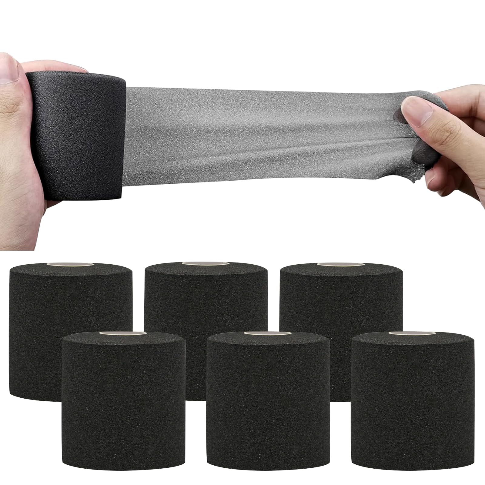 6 Rolls Pre Wrap Tape Athletic, 72 Yards Foam Underwrap Athletic Tape, Sports Prewrap Athletic Sports Tape for Ankles Wrists Hands Knees Hair, Black (