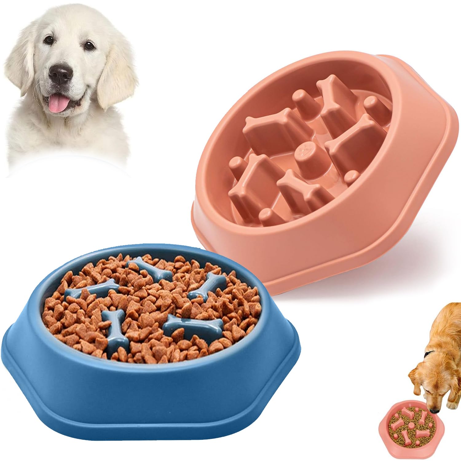 TOCOZOC Plato para Perro, 2 Piezas de Comedero Lento para Perros con Almohadilla Antideslizante, Plato Perro Comer Lento, Plato de Alimentación Lenta para Perro Mascota Comedero, Azul y Rosa