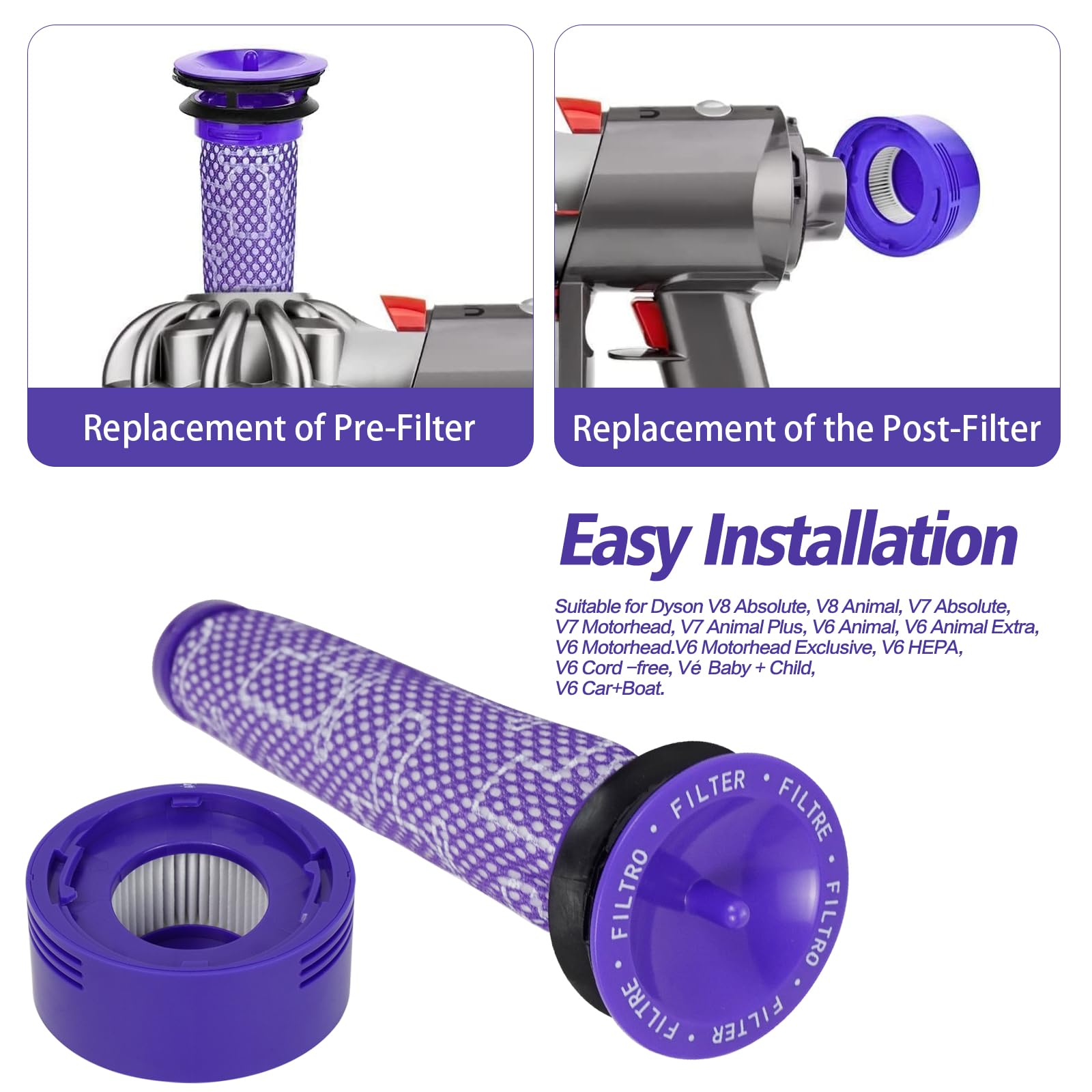 4 x filtr zamienny do Dyson V6 V7 V8, 2 filtry pocztowe + 2 filtry wstępne + 1 szczotka do czyszczenia, bezprzewodowy odkurzacz, filtr zamienny do Dyson V8 V7