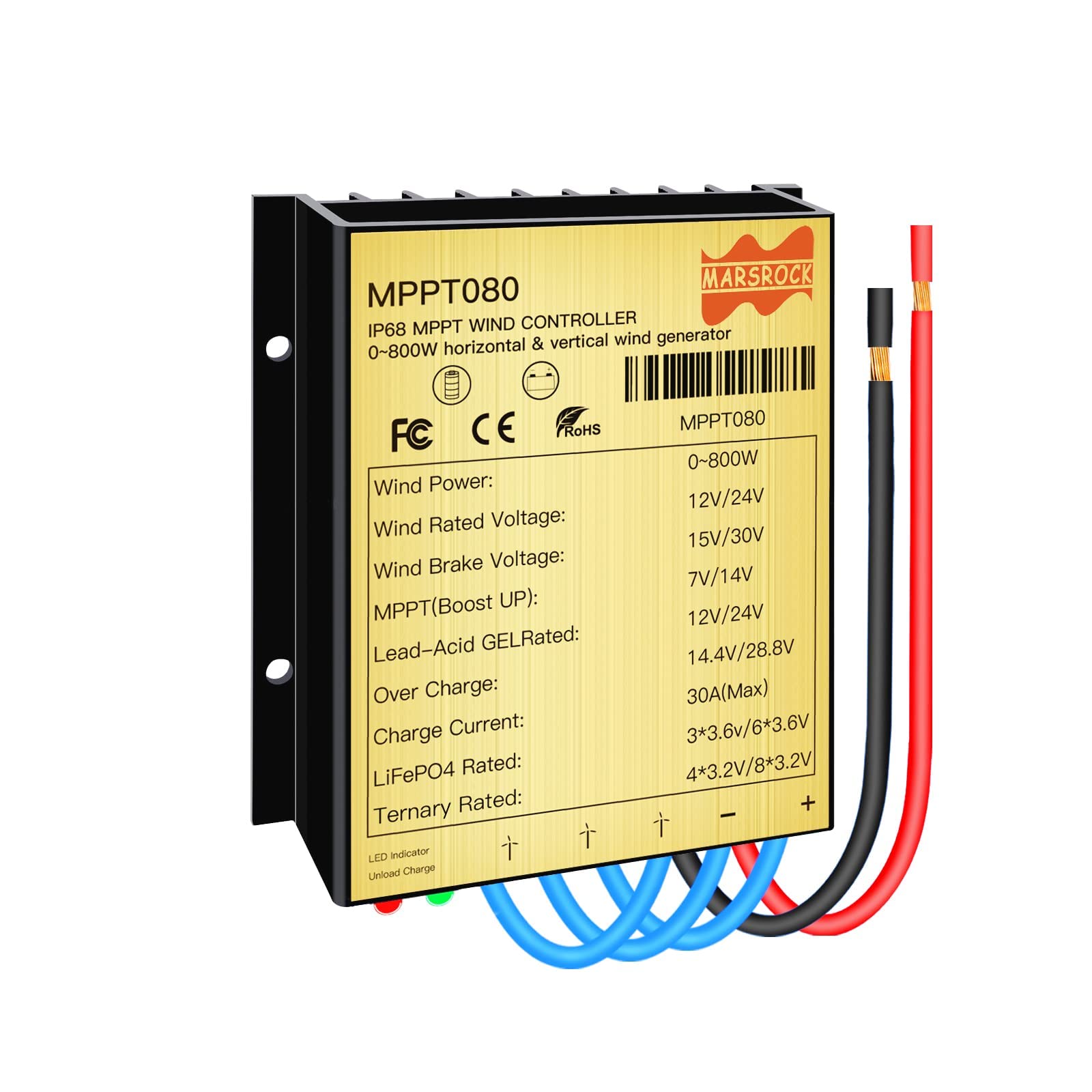 Marsrock0~800W 30A Mini Wind Charge Discharge MPPT Controller IP68 Waterproof Regular Auto Match Wind Output DC AC 12/24v Voltage Wind Power System Lithium Lead-Acid Gel Battery