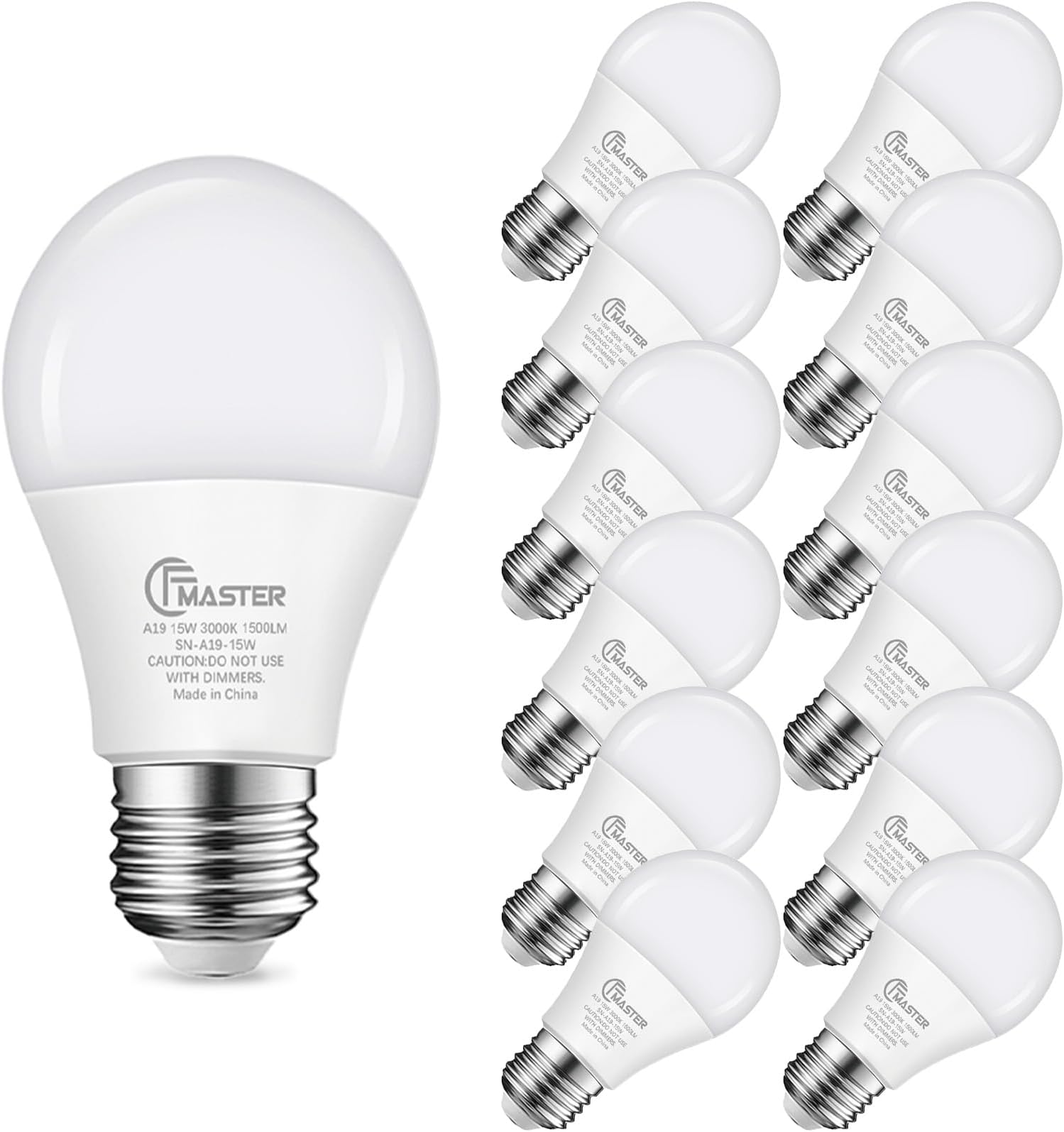 A19 LED Light Bulb, 100W Equivalent Light Bulbs, 15W 3000K Daylight, 1500 Lumens, Non-Dimmable LED Bulb, E26 Standard Base for Indoor and Outdoor, ETL Listed, 12-Pack